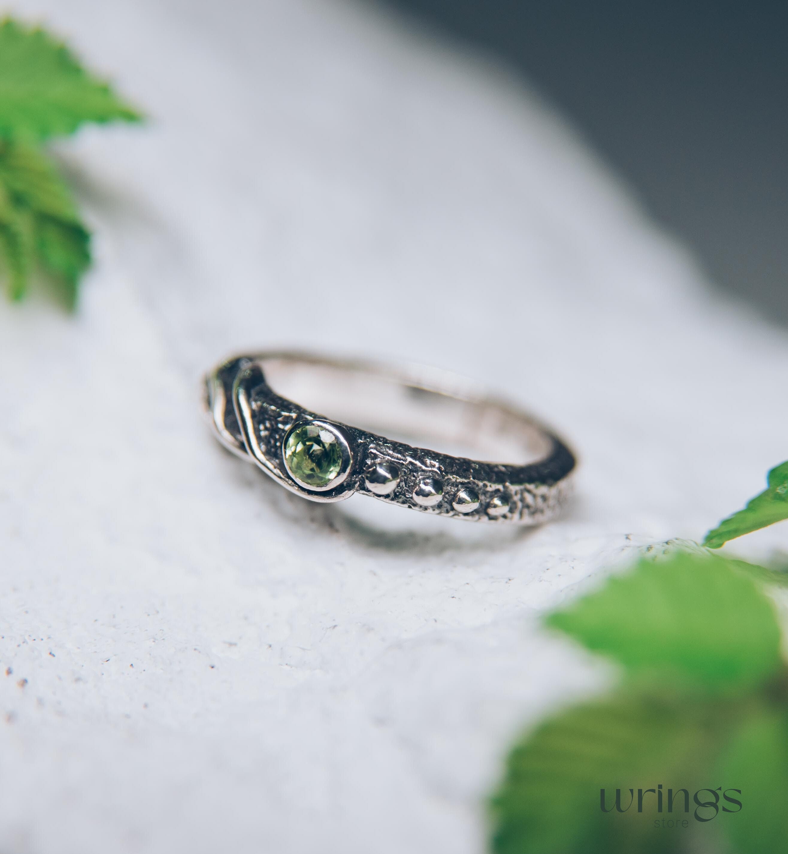 Modern Wild twisted Silver Engagement Ring with Peridot