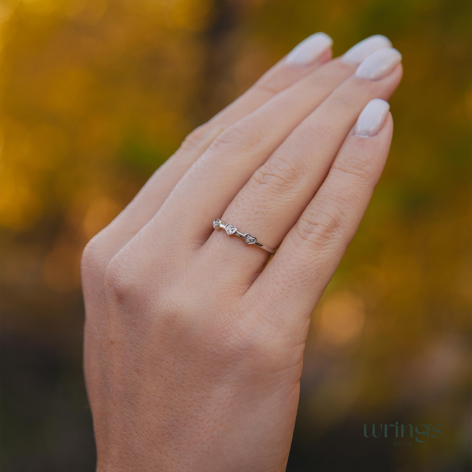 CZ in Three Hearts Silver Minimalist Wedding Band for Her