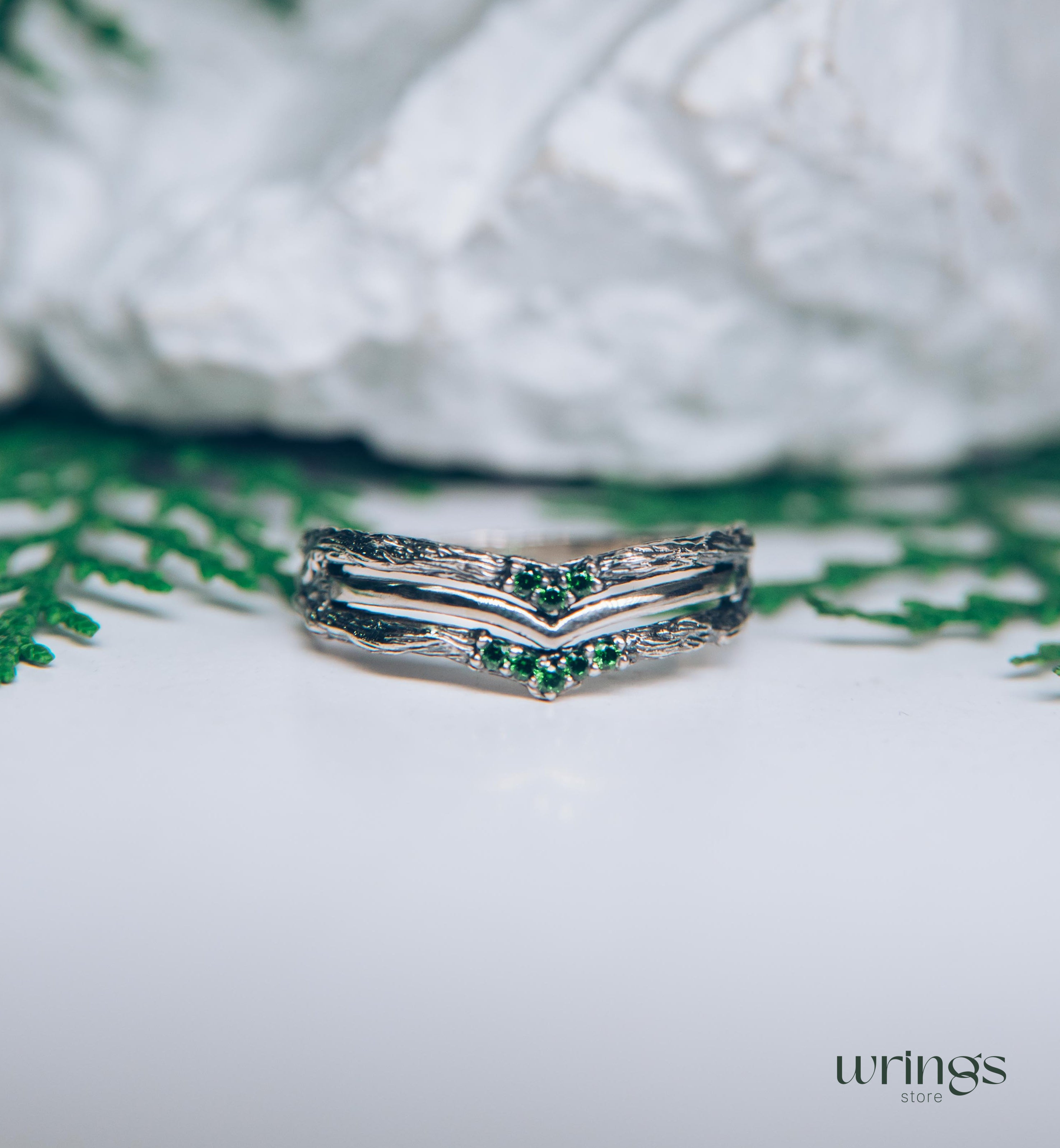 Silver Chevron Wedding Ring with Cute Tiny Emeralds