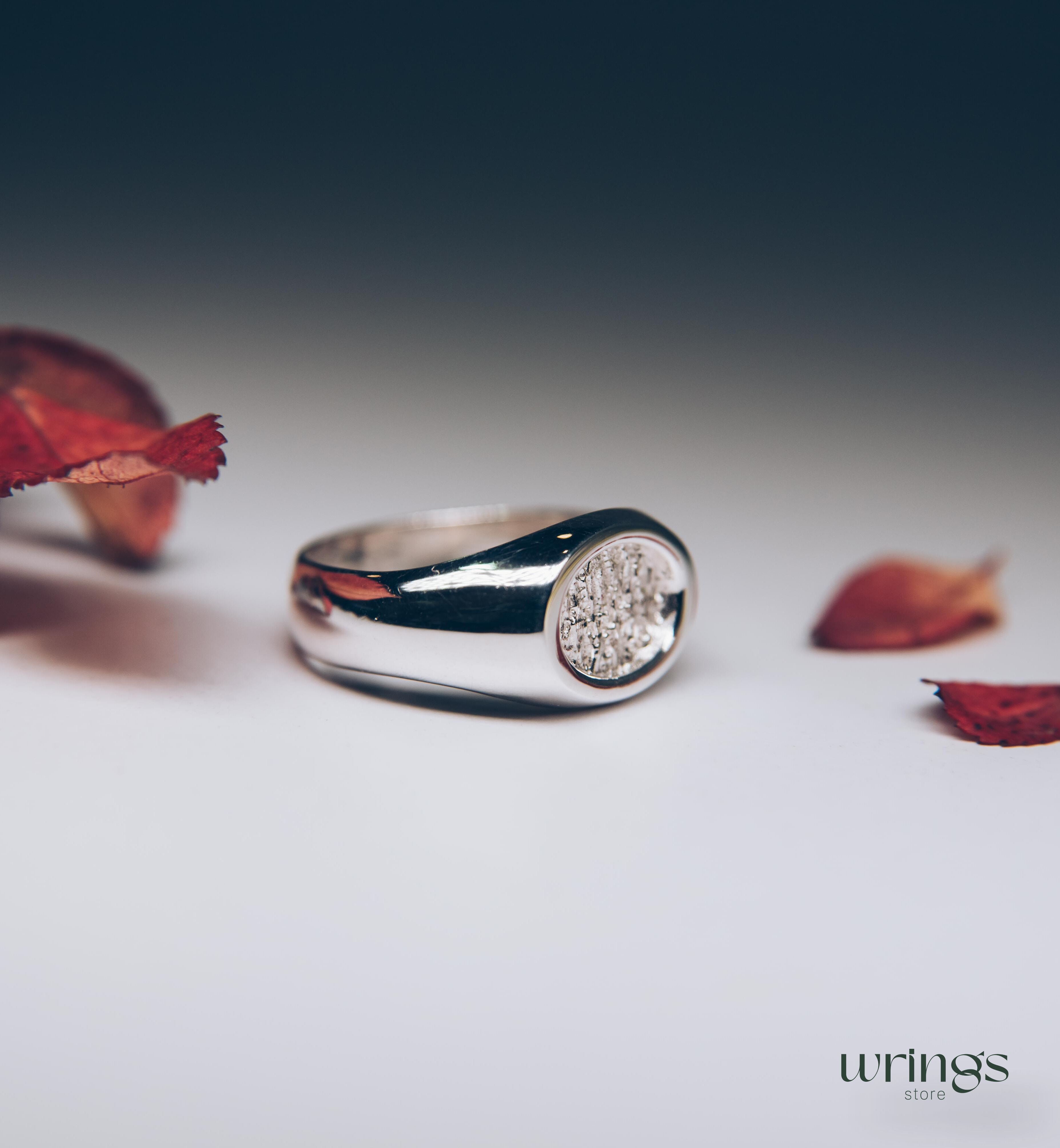 Unisex Silver Oval Signet Ring Hammered Centre