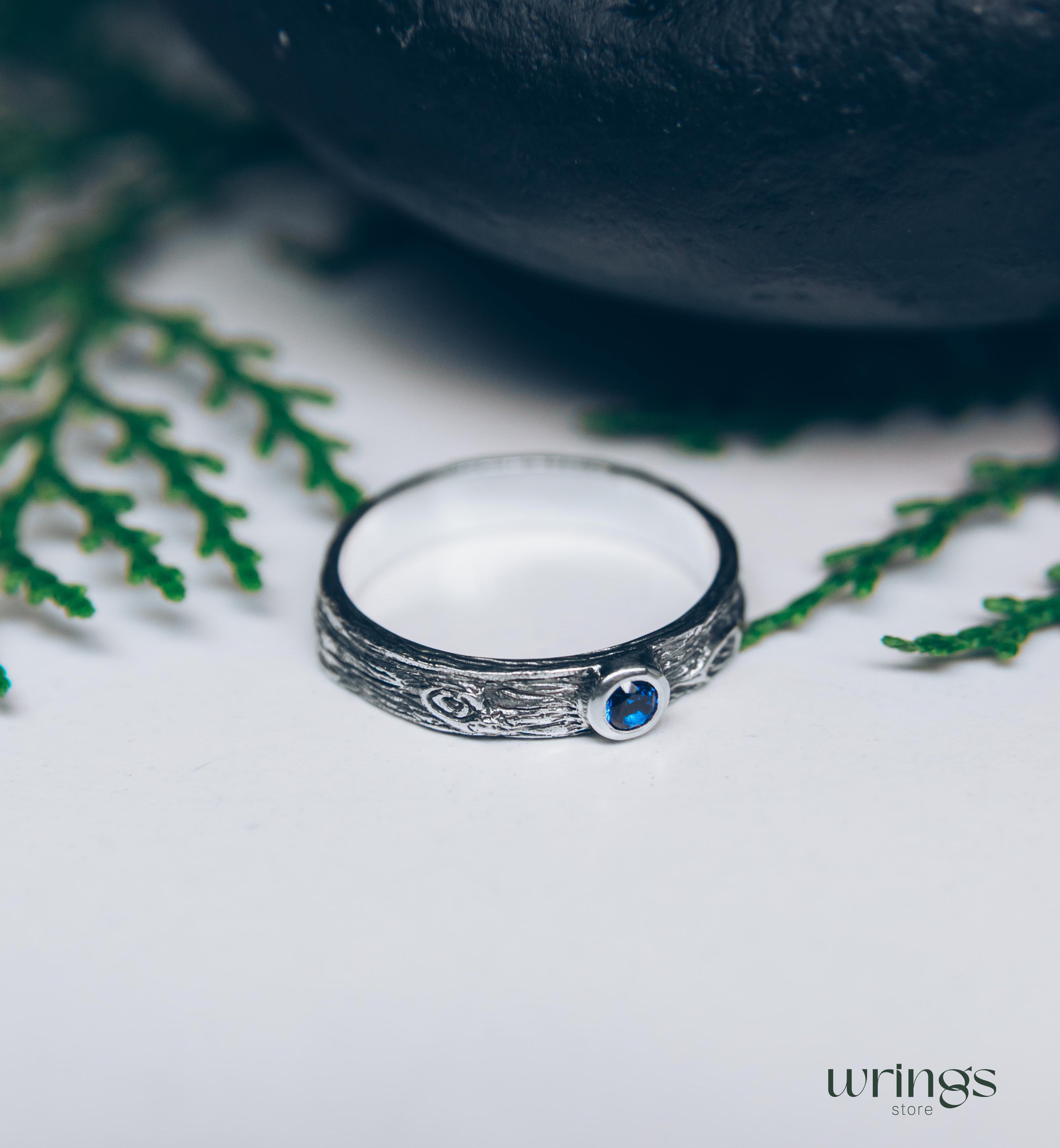 Unique Tree bark Silver Ring with exquisite Blue Sapphire