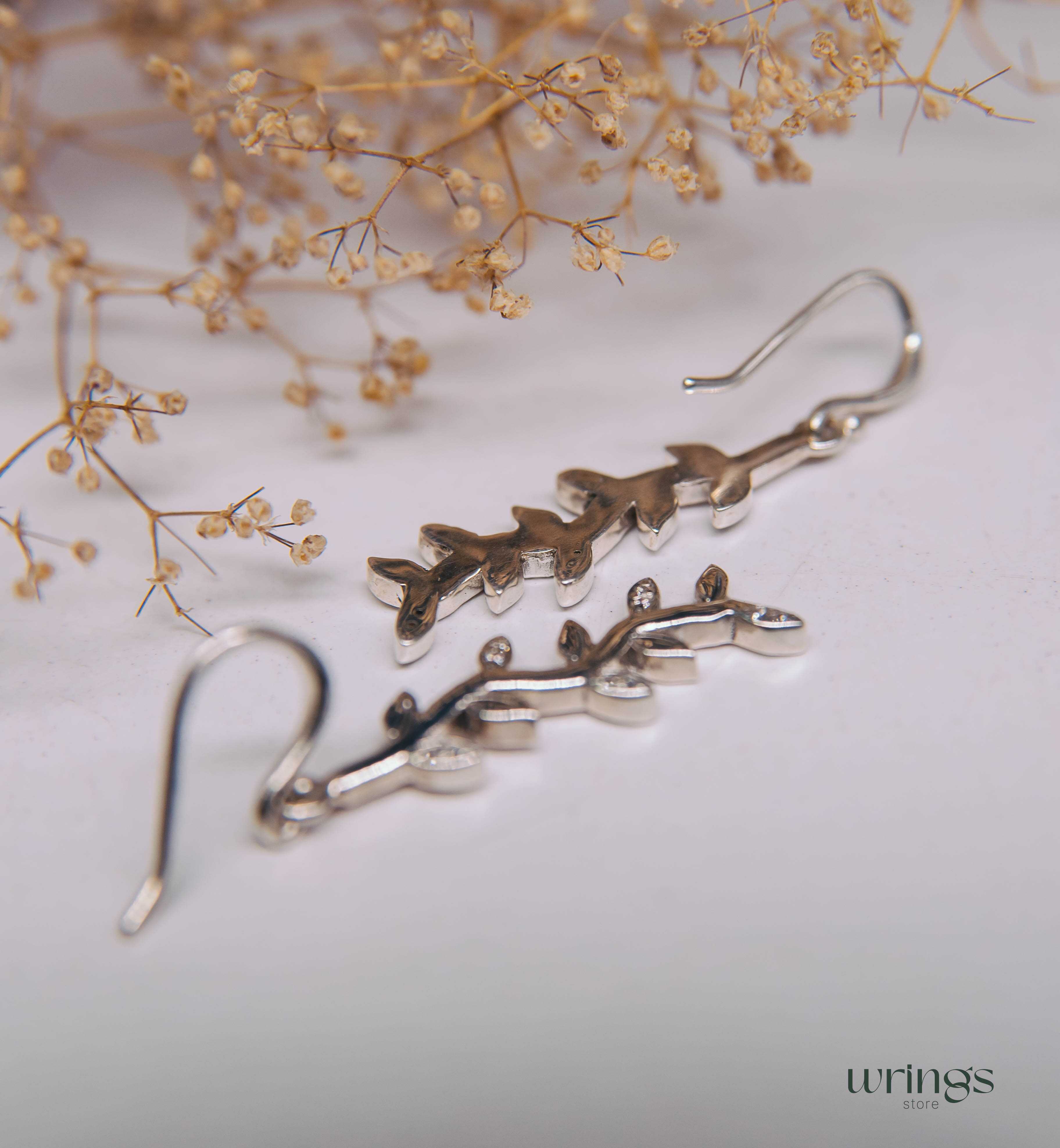 Pretty Many Leaves Silver Earrings with White Gemstones
