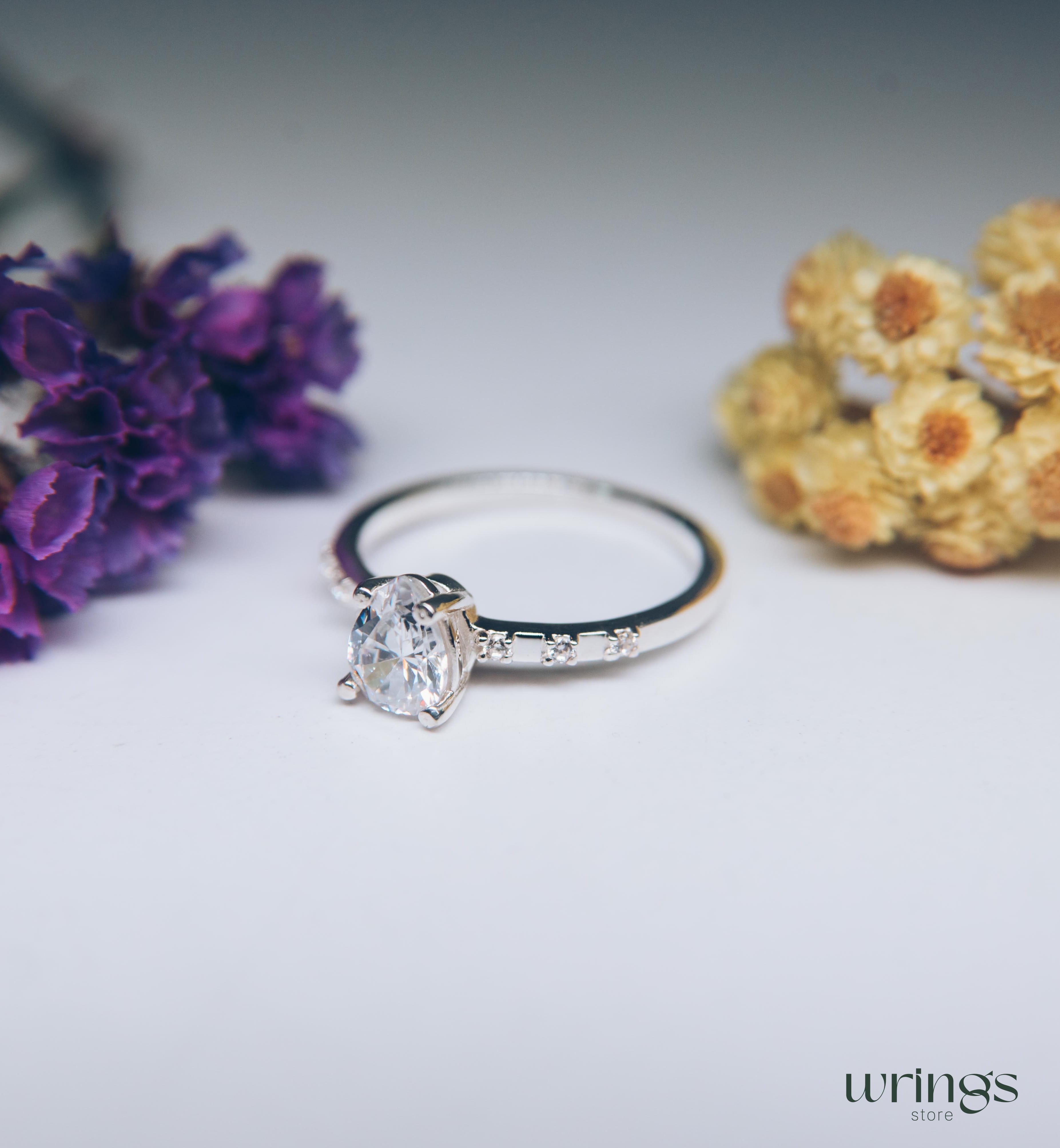 Large Pear Diamond CZ Engagement Ring with Side Stones