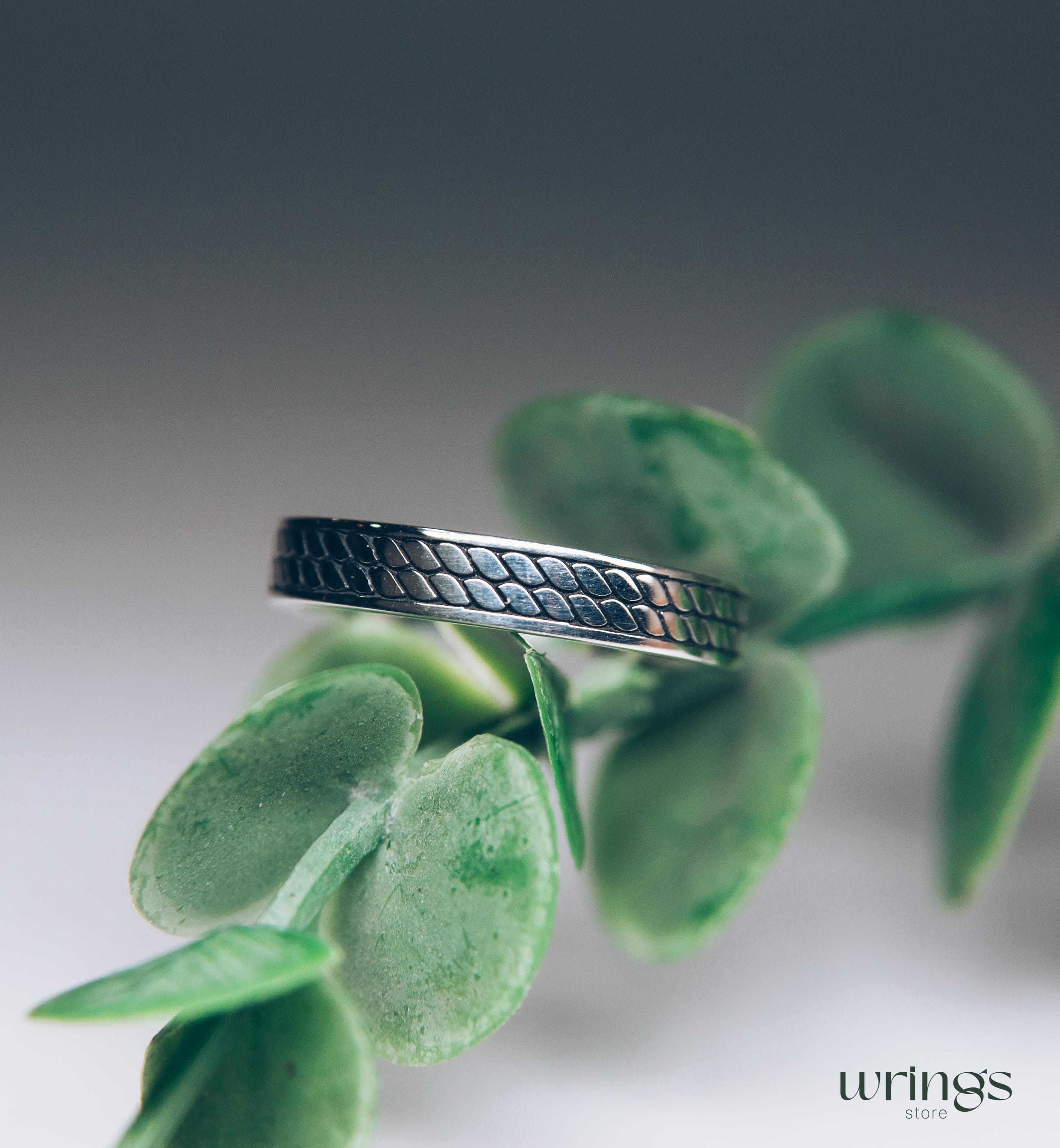 Mens Silver Ring Minimalist Engraved Cobblestone Design