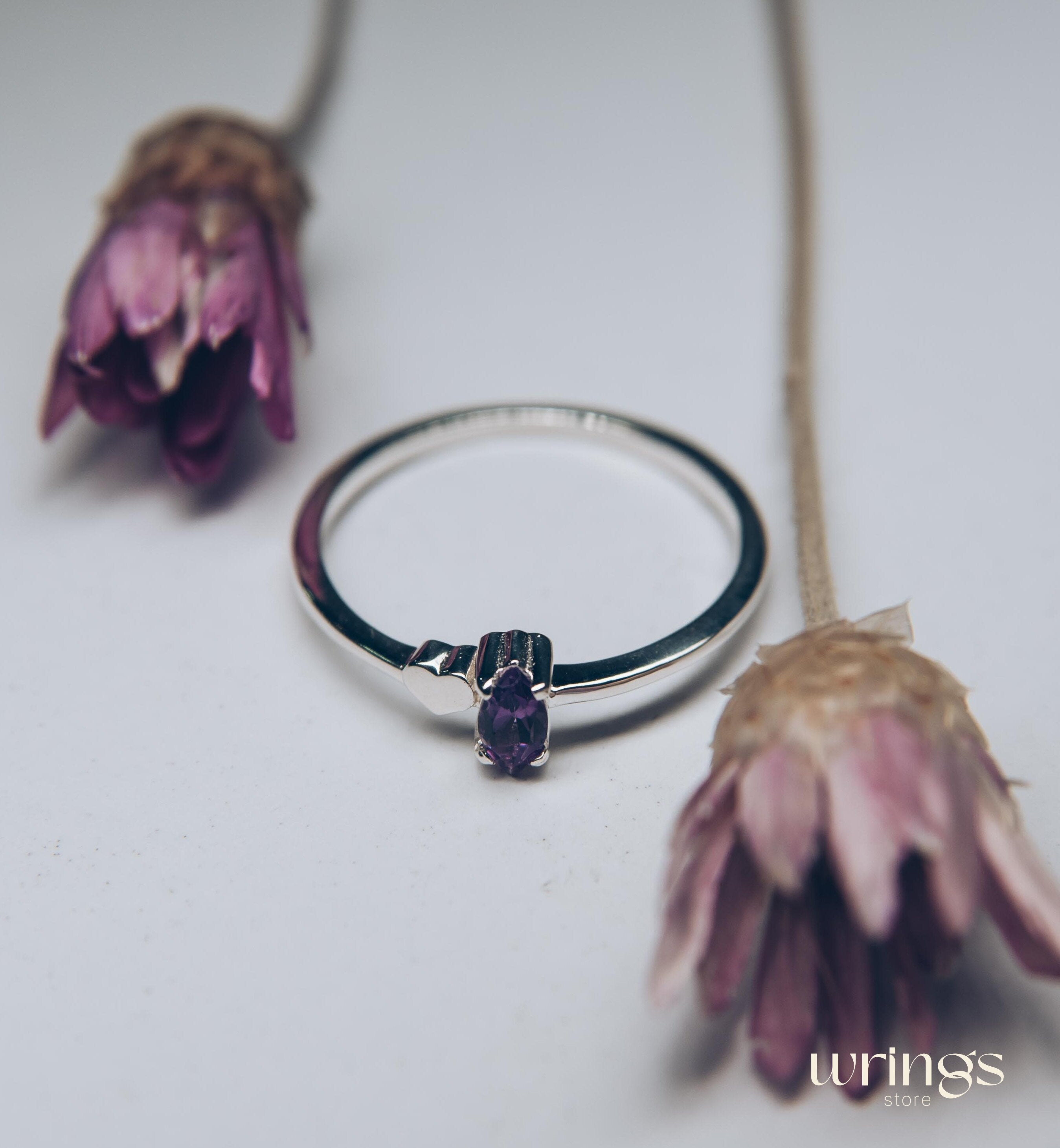 Marquise cut Amethyst Engagement Ring with Side Heart