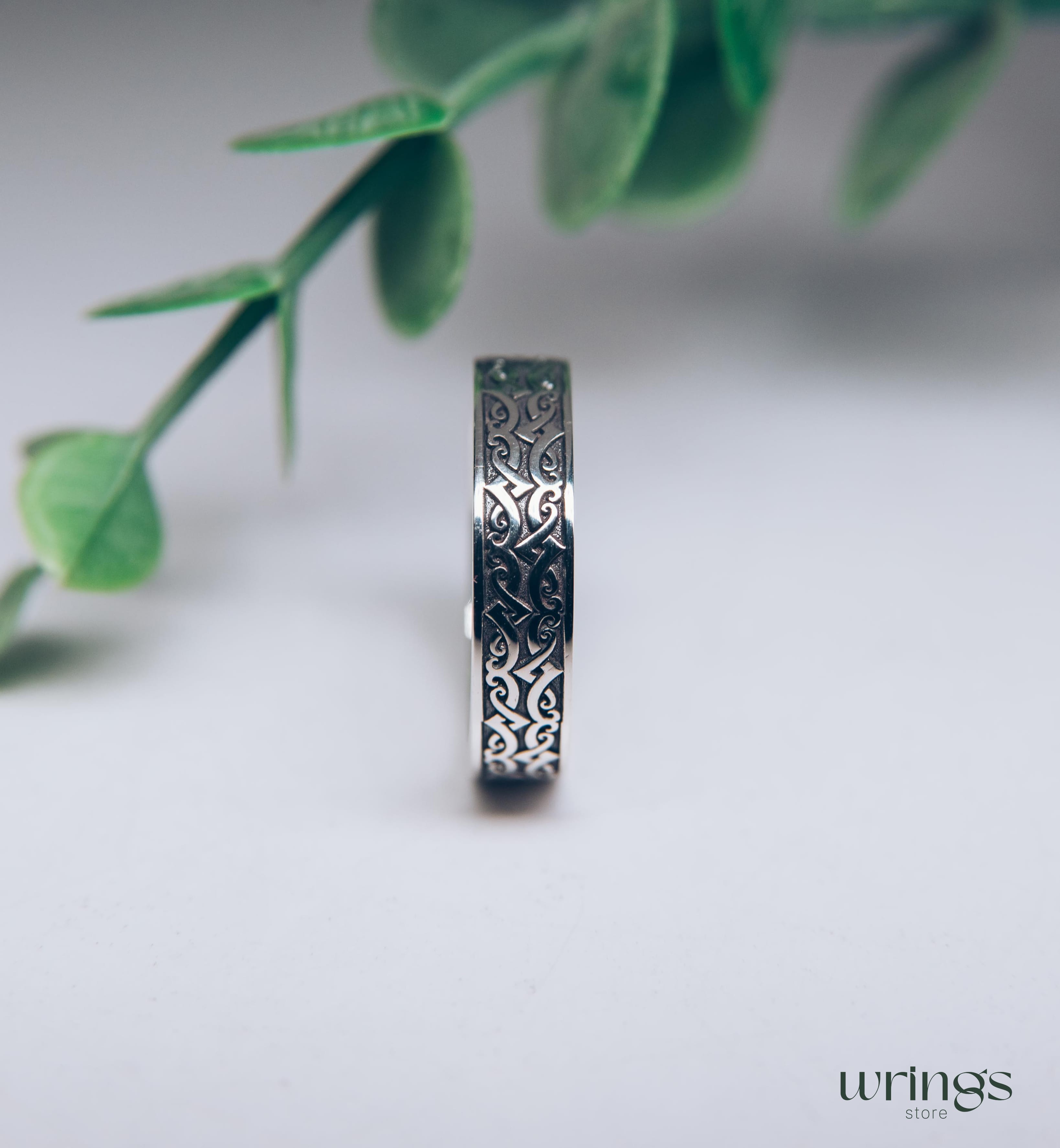 Engraved Viking Design Wedding Band Sterling Silver