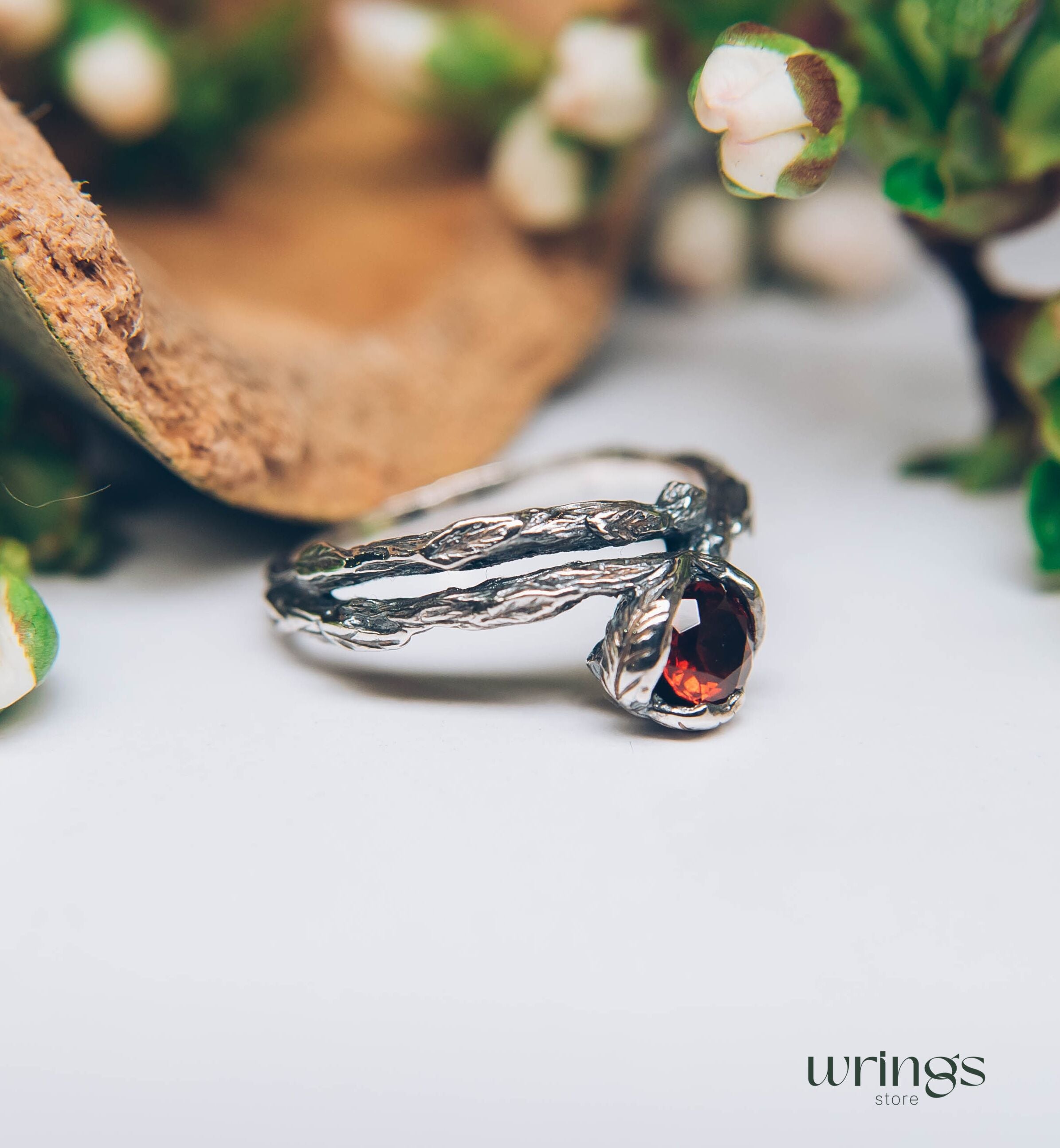 Unusual Branch and Leaves Silver Garnet Engagement Ring