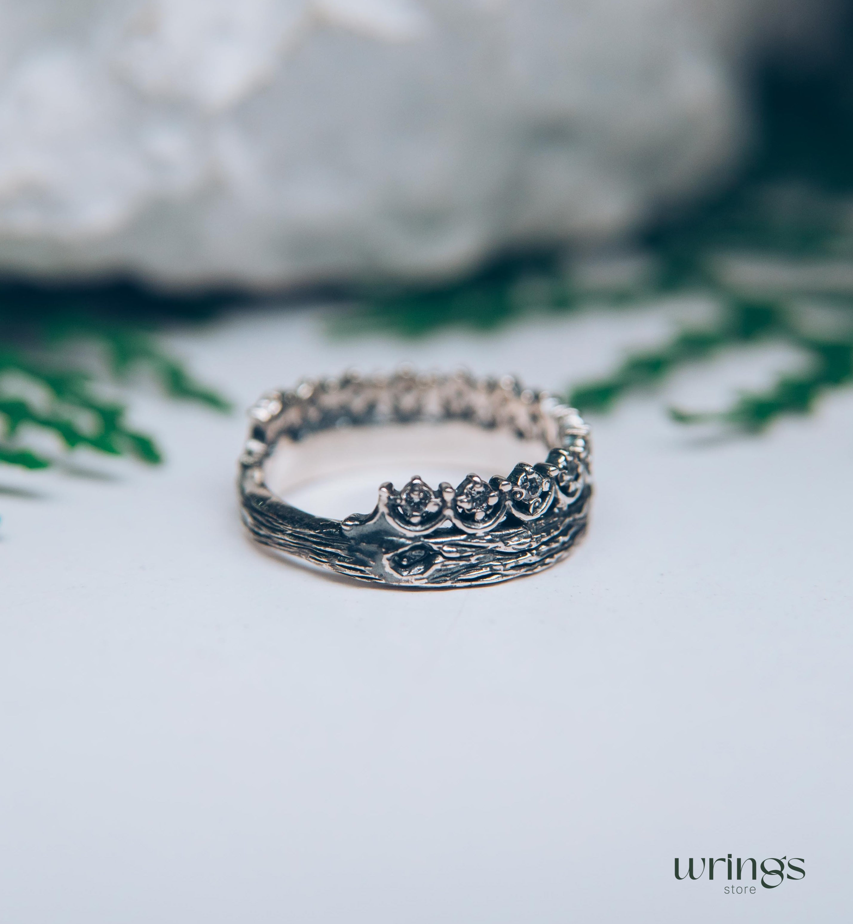 Princess Crown Wedding Ring with Gems & Twig Silver Band