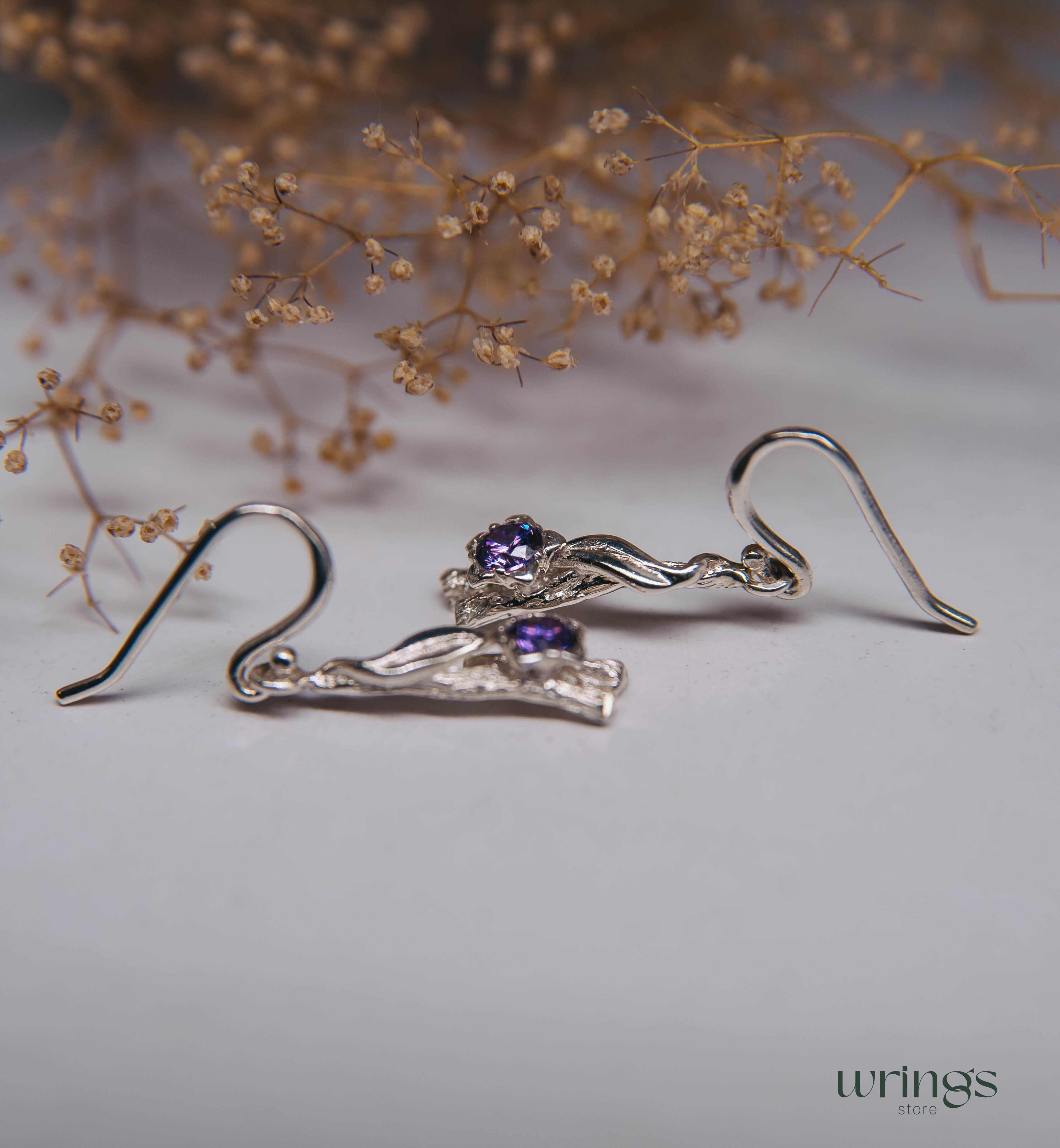 Amethyst Nature Earrings Flower Leaf and Branch Silver