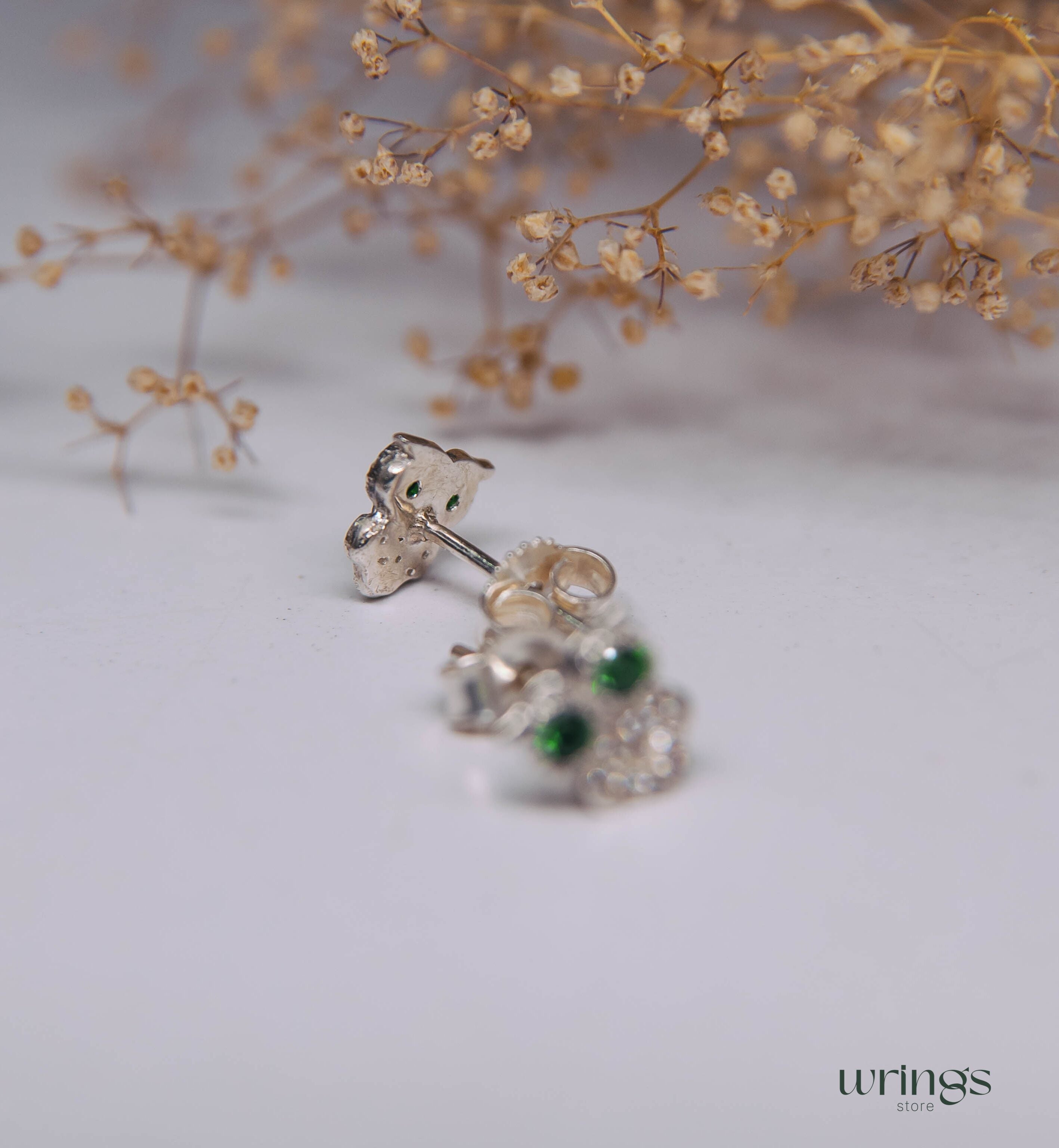 Emerald Eyes Owl Stud Earrings Silver with White Stones