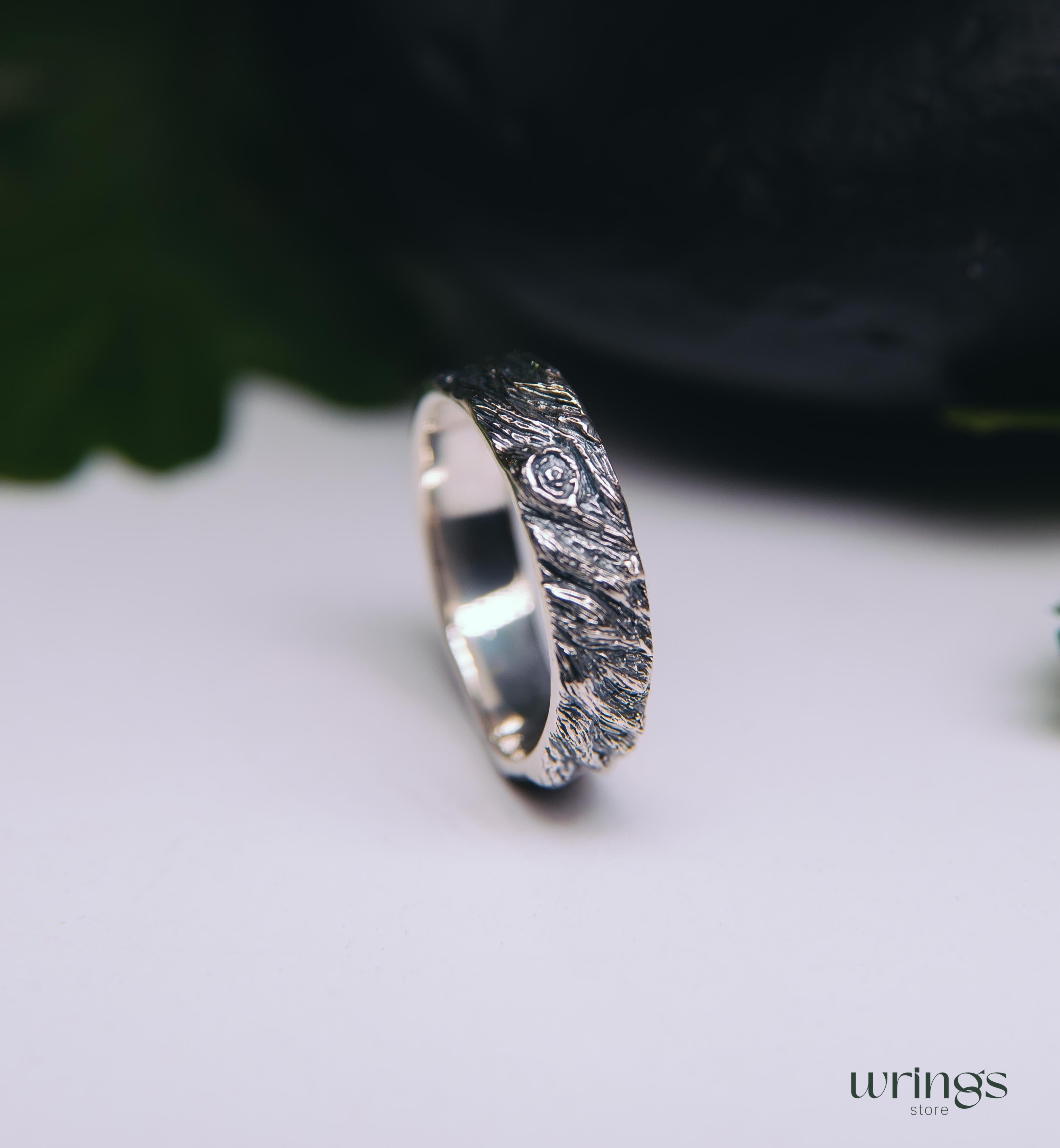 Oxidized Silver Tree bark Men's Large Wedding Band