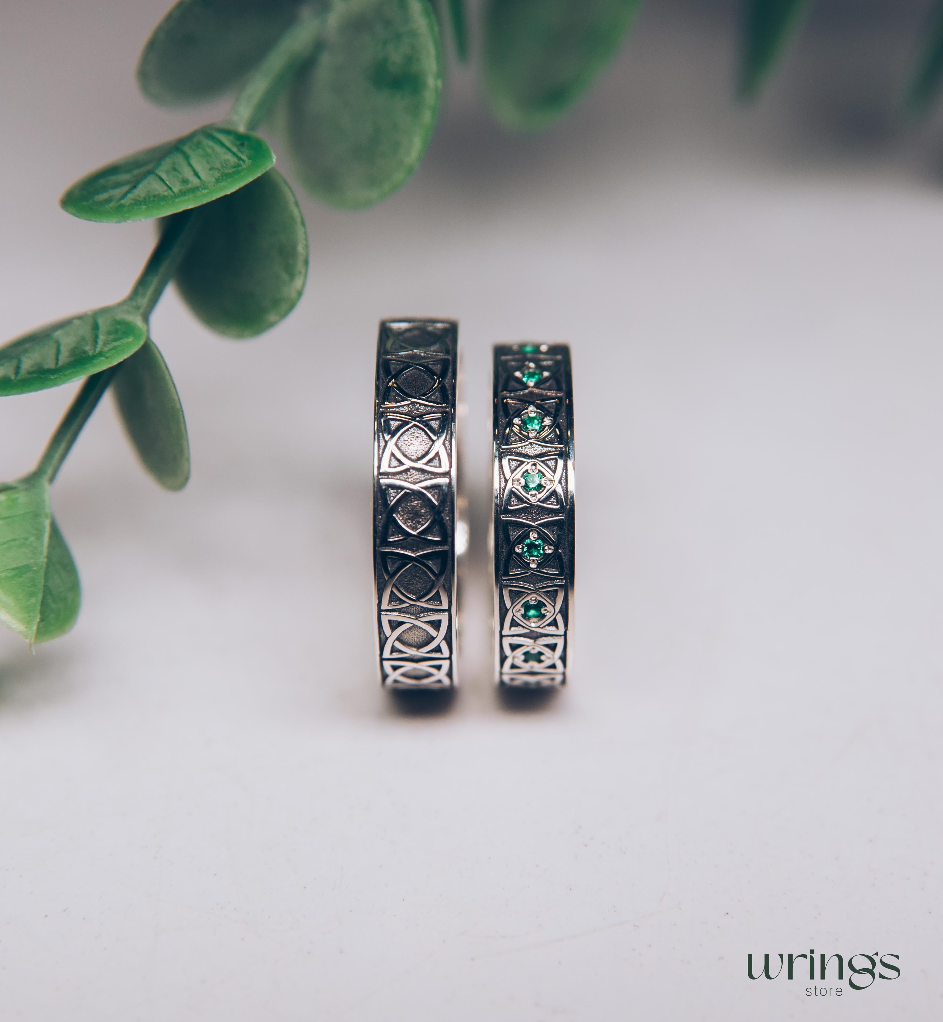 Matching Celtic Wedding Rings Emeralds & Irish Symbol