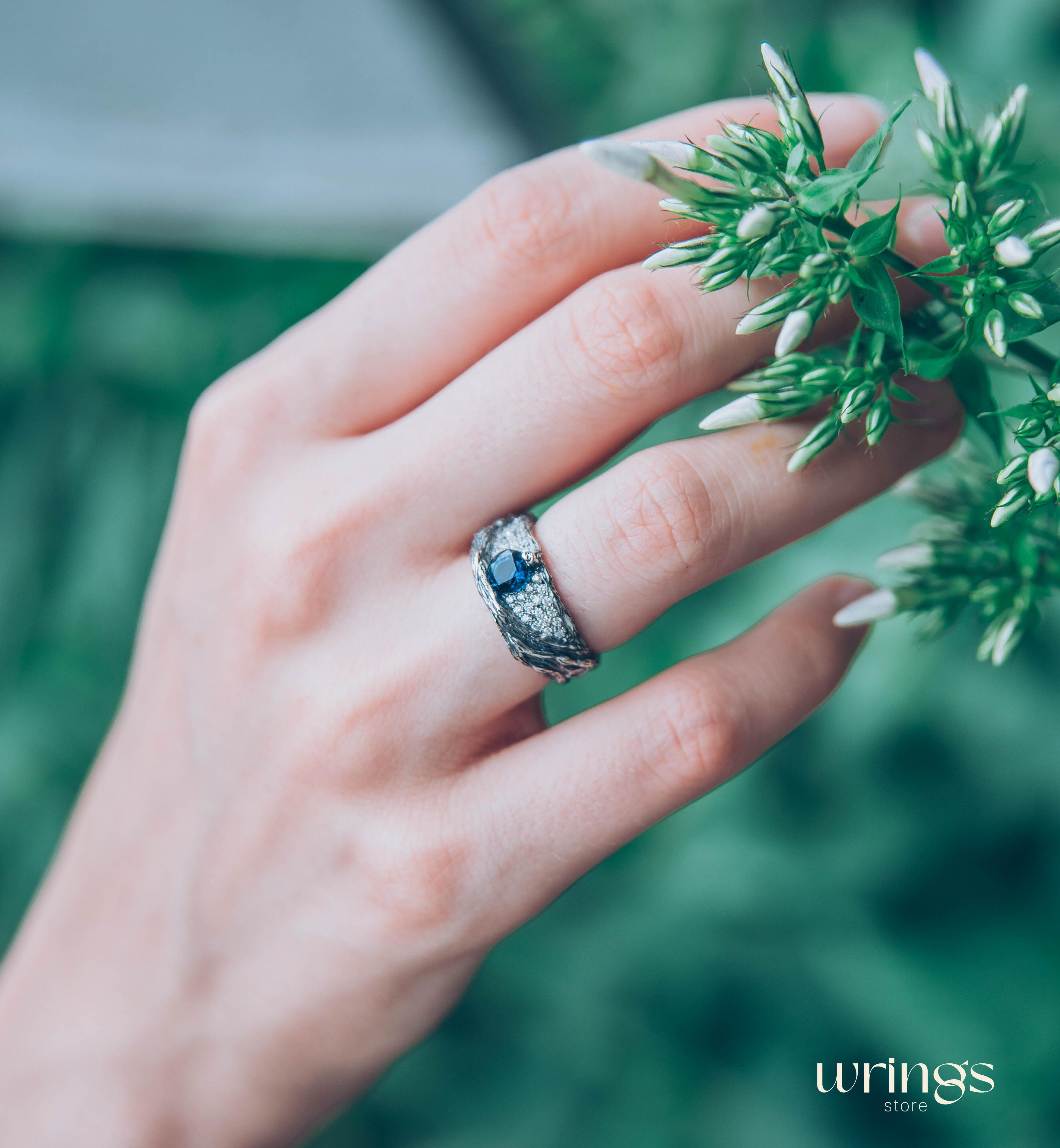 Chunky Silver Branch & Sapphire Ring adorned with CZ Accents