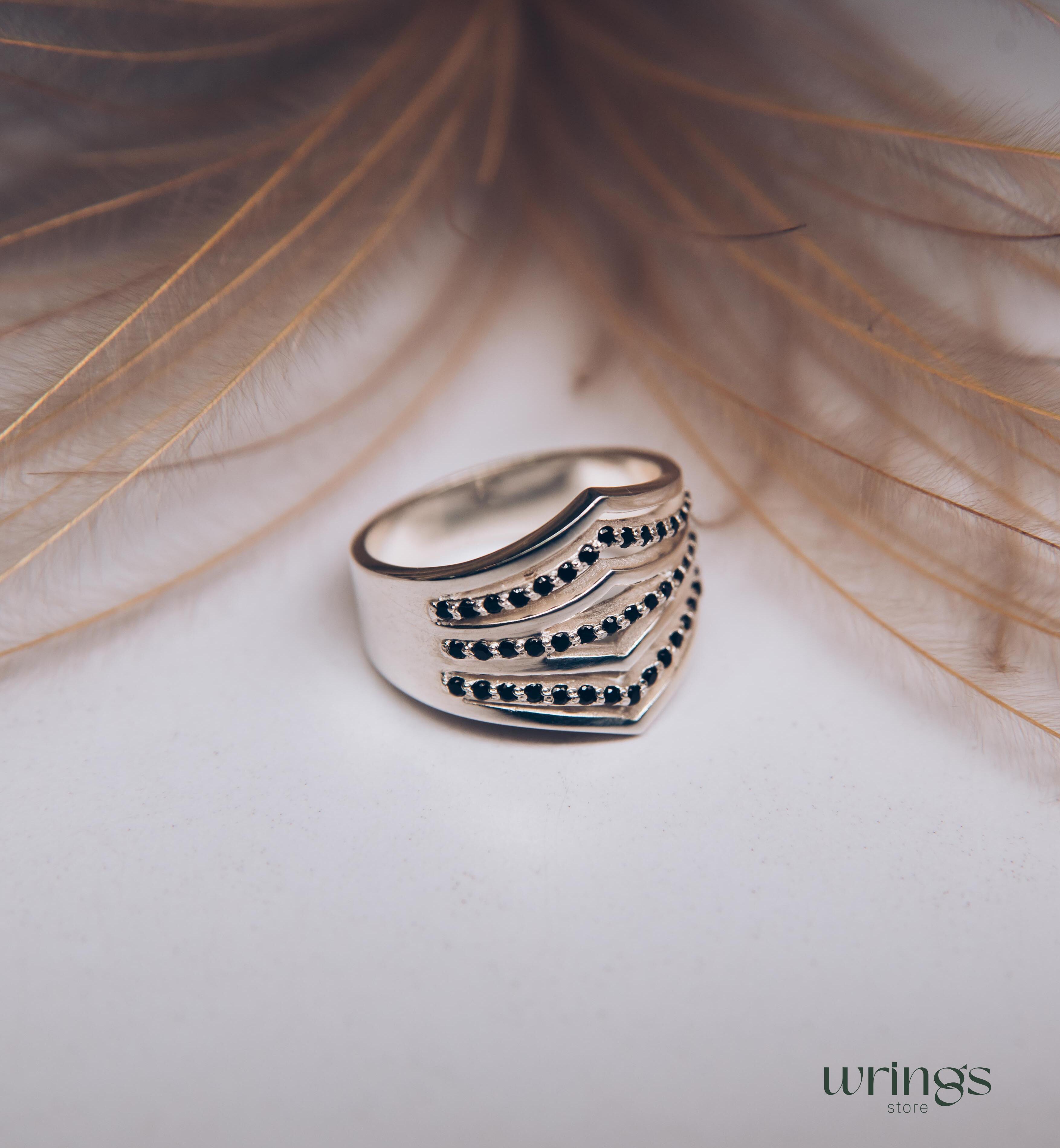 Extra Wide Silver Dome Ring Double Chevron Black Stones