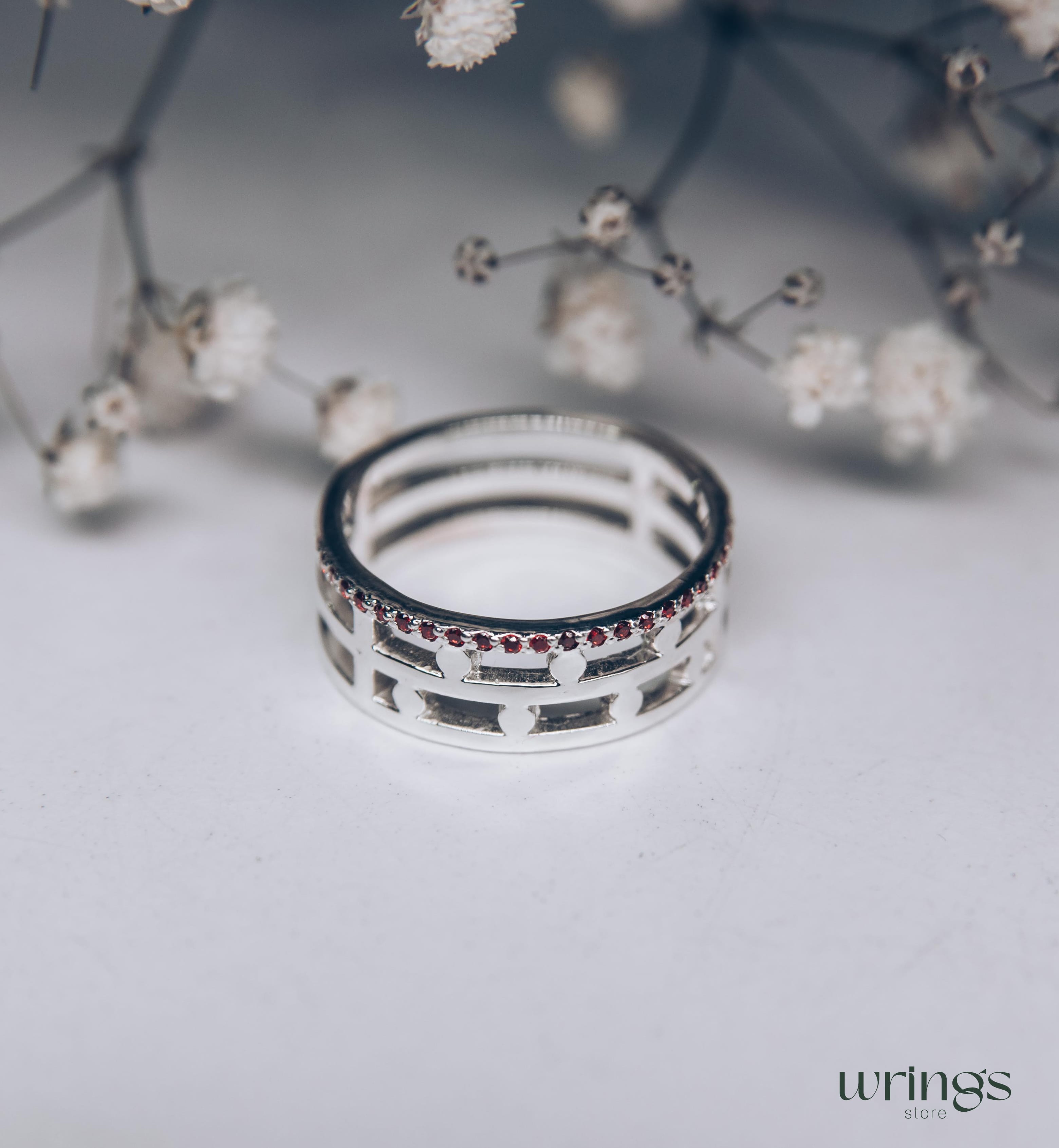 Silver Wedding Band Garnets and Dots Modern Style