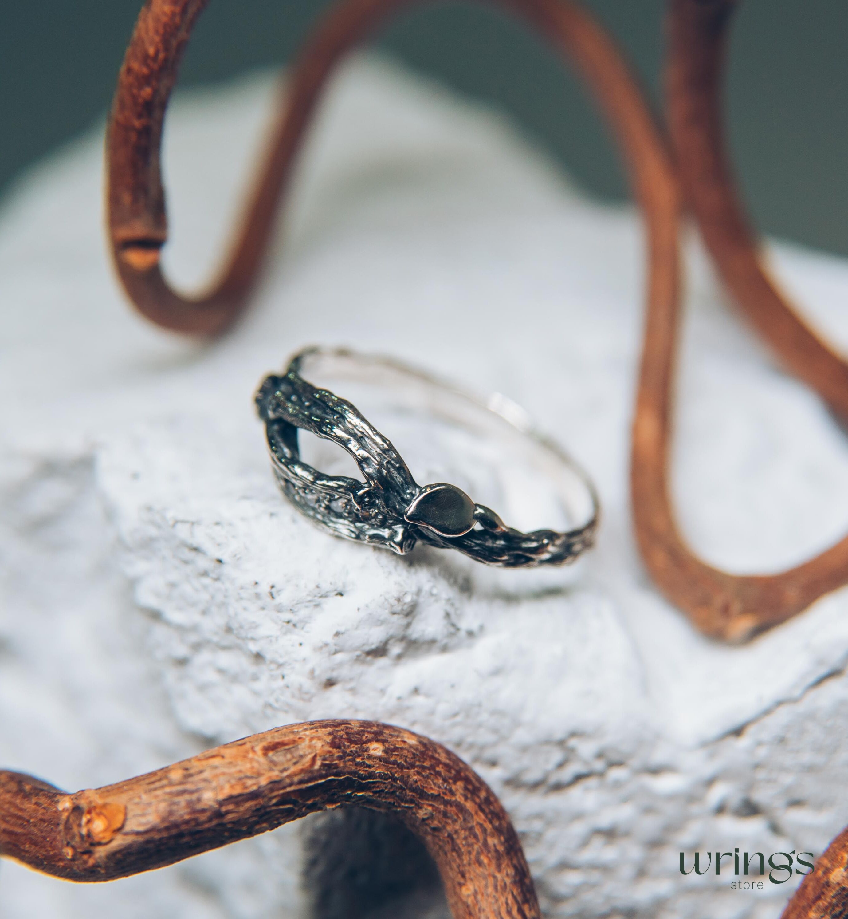Stones on a Dainty Split Silver Branch & Leaves Cute Ring