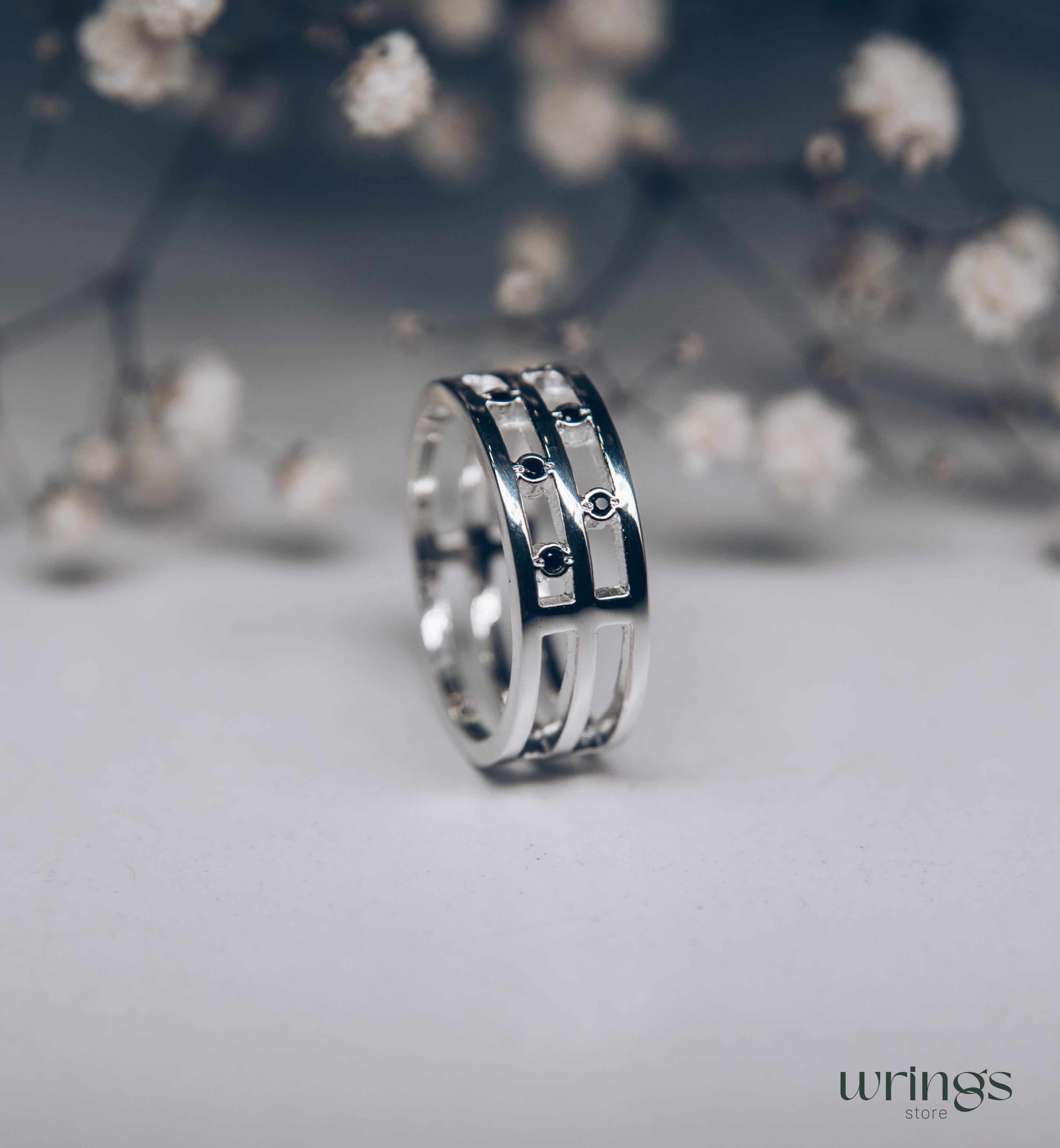 Stylish Black Diamond Band for Women Open Design Silver