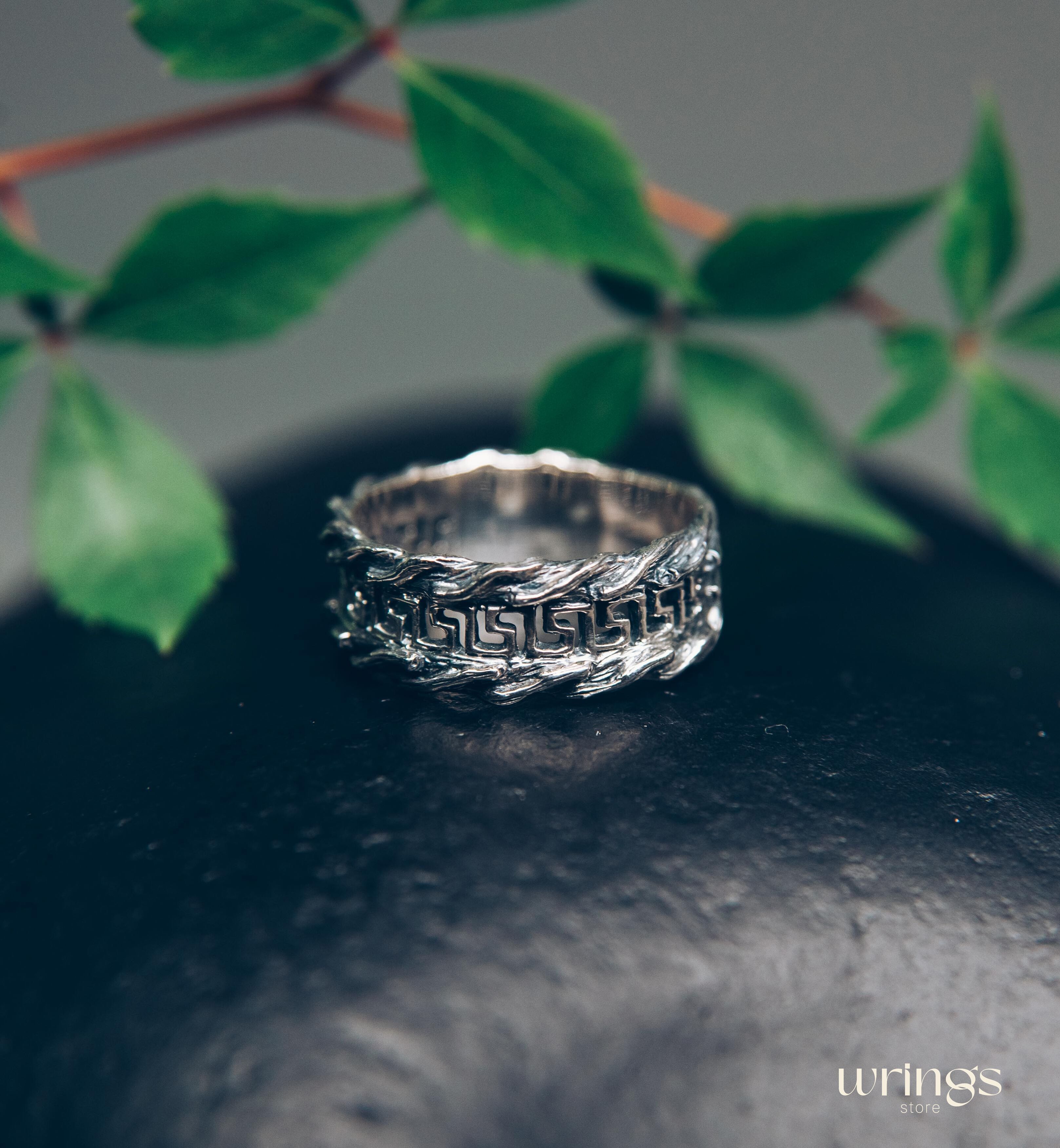 Men's Greek key & Tree bark Silver Wedding Band