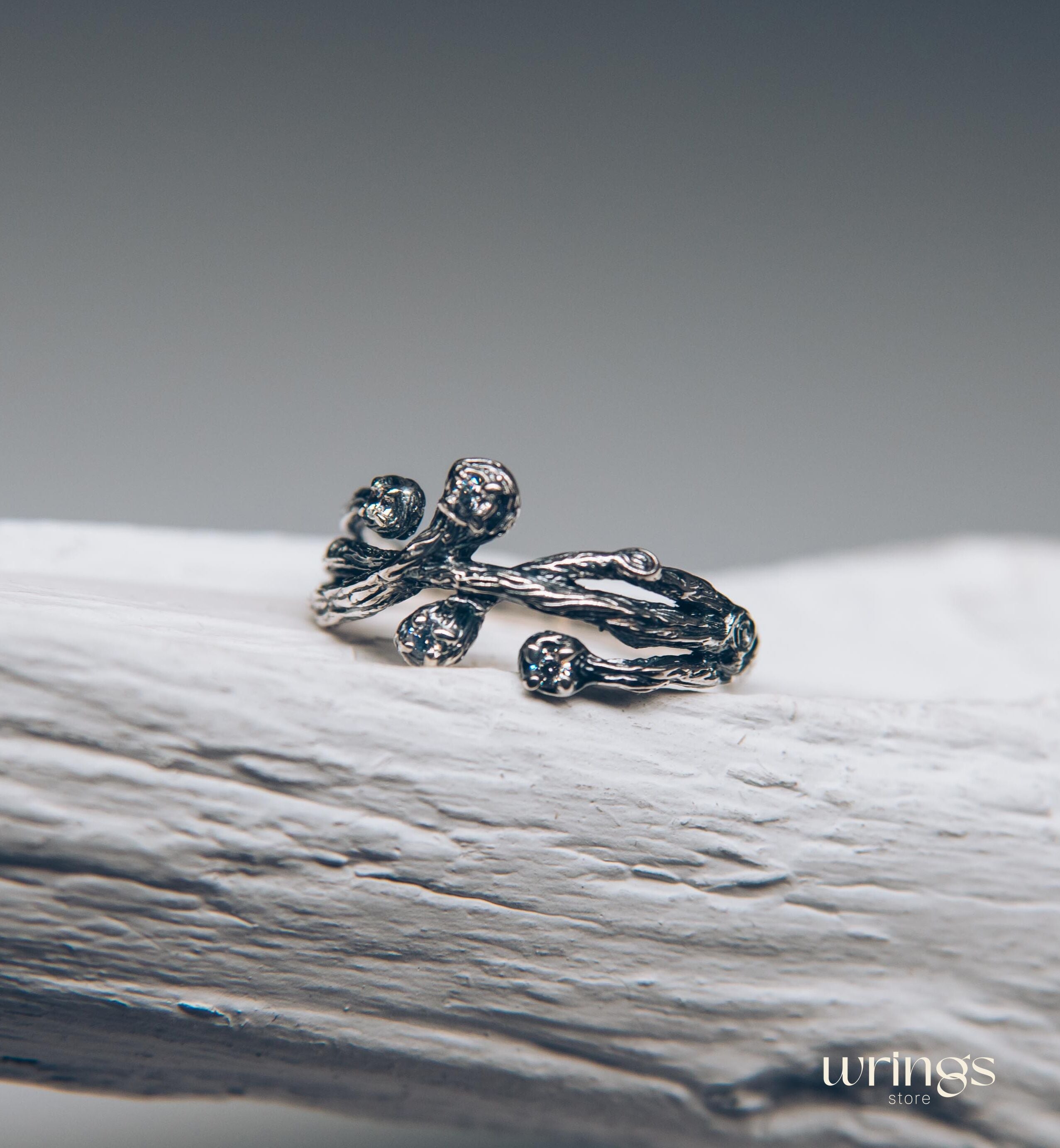 Intertwined Silver Branch Ring with 4 Gemstones