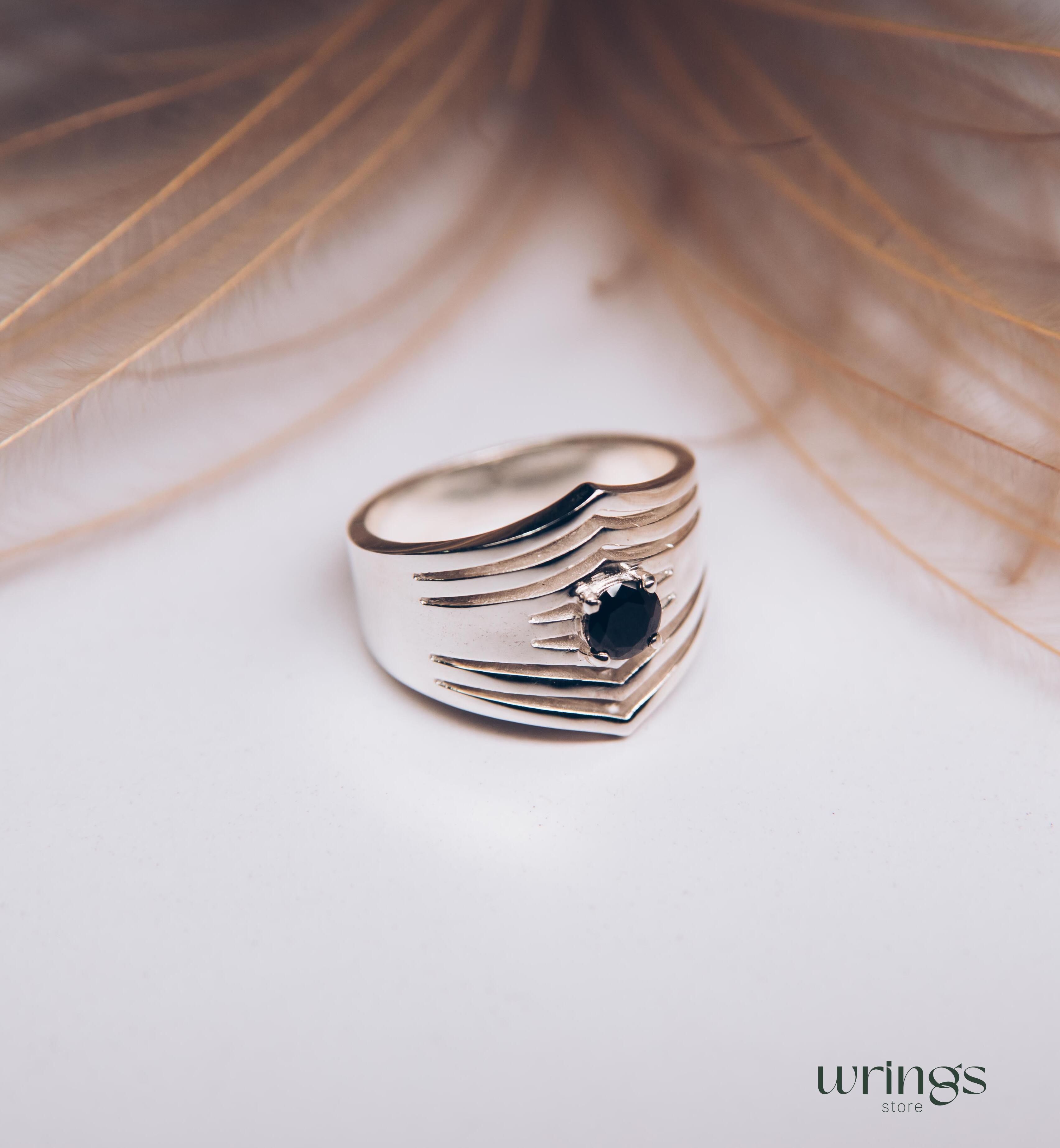 Extra Wide Silver Chevron Band Simulated Black Diamond