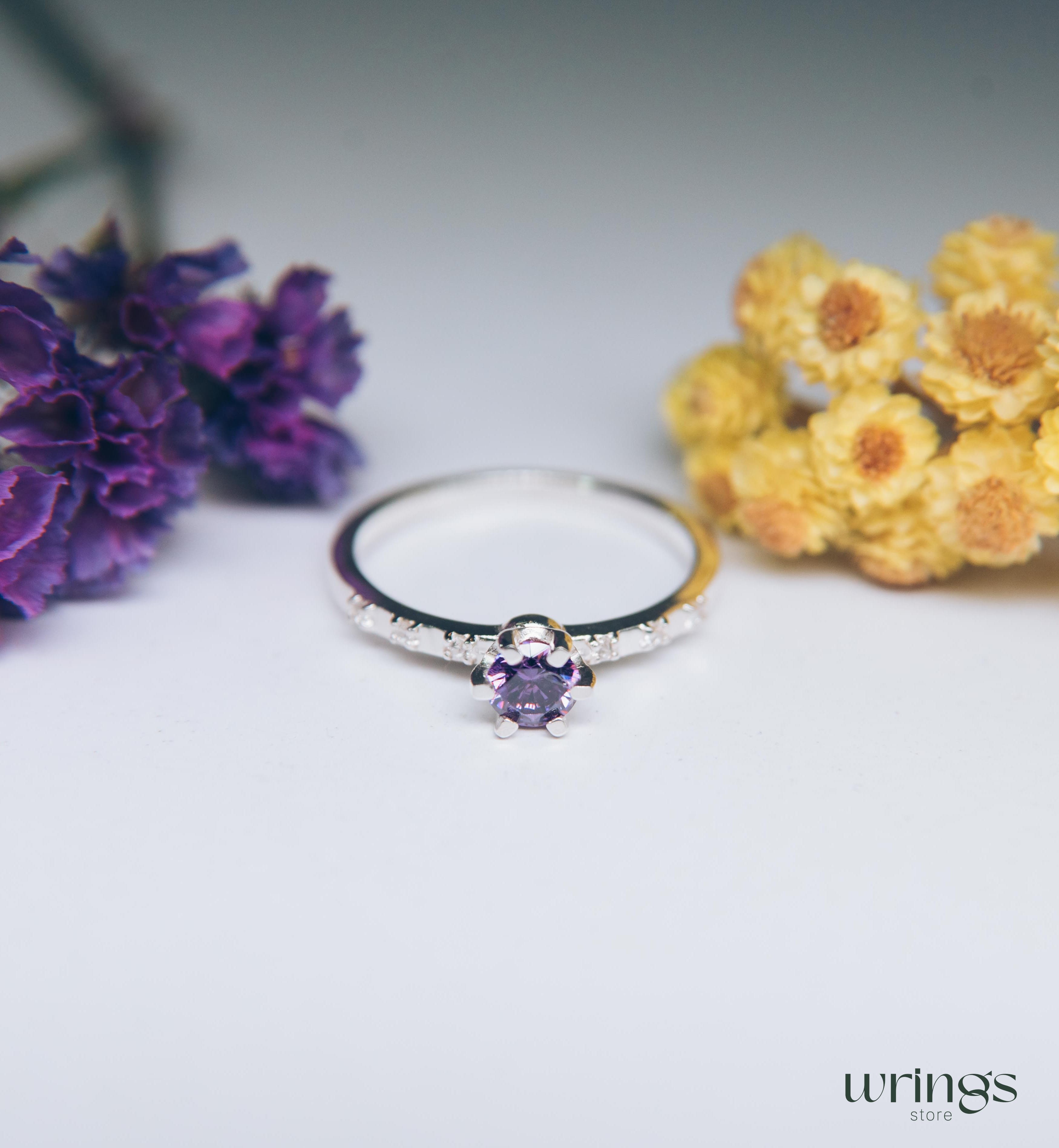Prong Amethyst Engagement Ring Silver with Side Stones