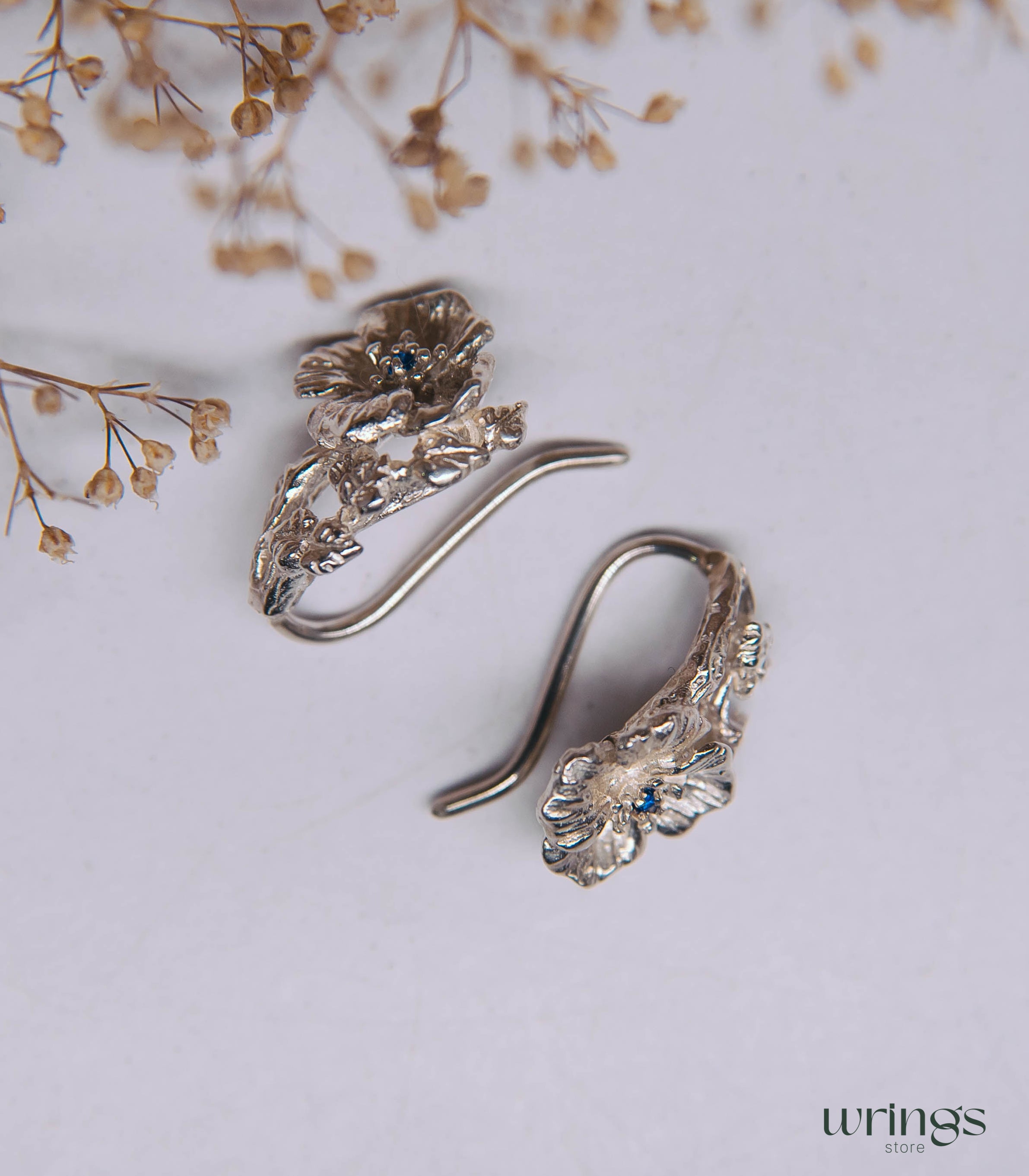 Silver Poppy Flower Earrings with Blue Sapphire