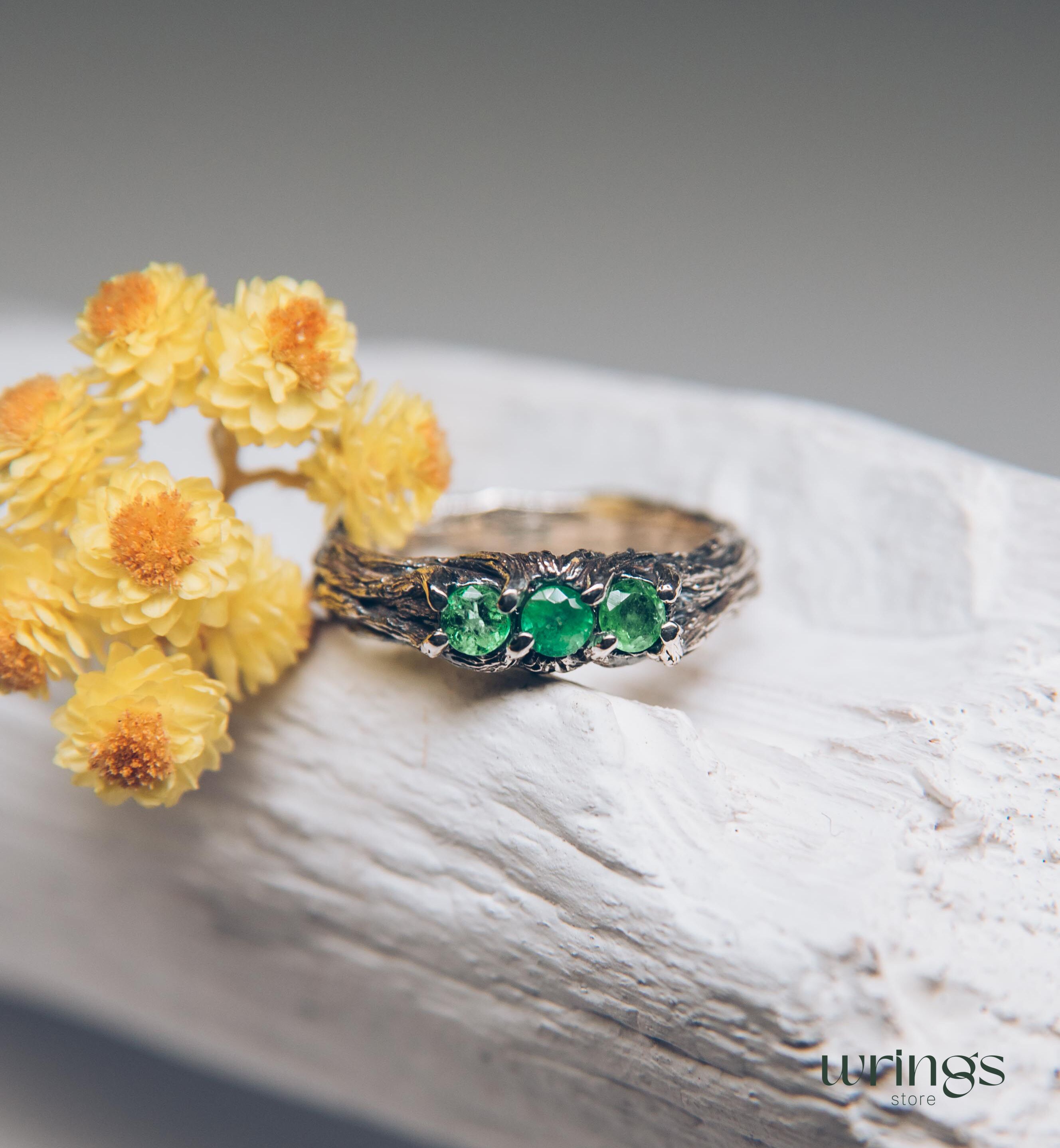 Emeralds on Branch Silver Three Stone Ring for Her