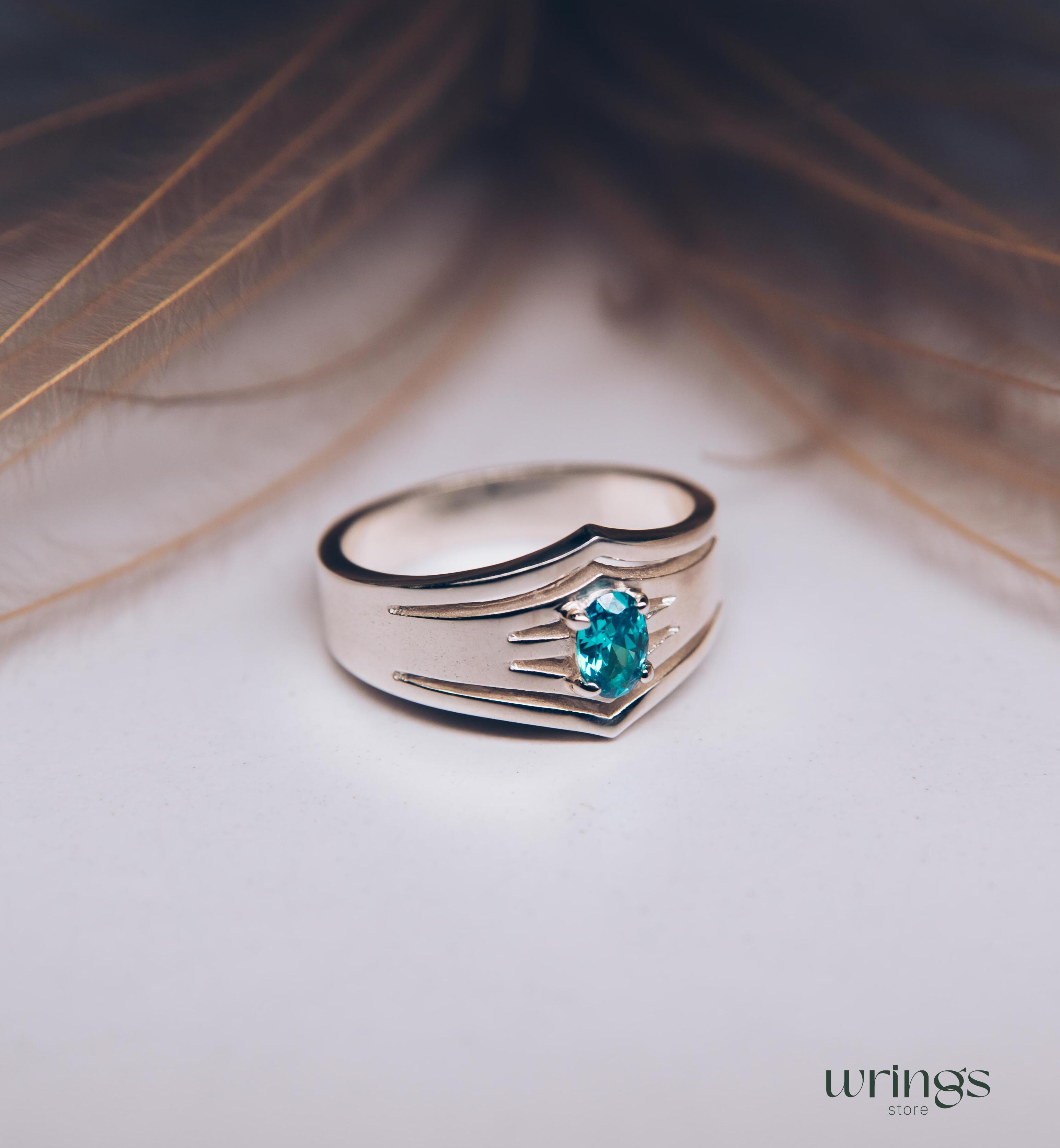 Double V-shaped Cocktail Oval Blue Topaz Ring Silver