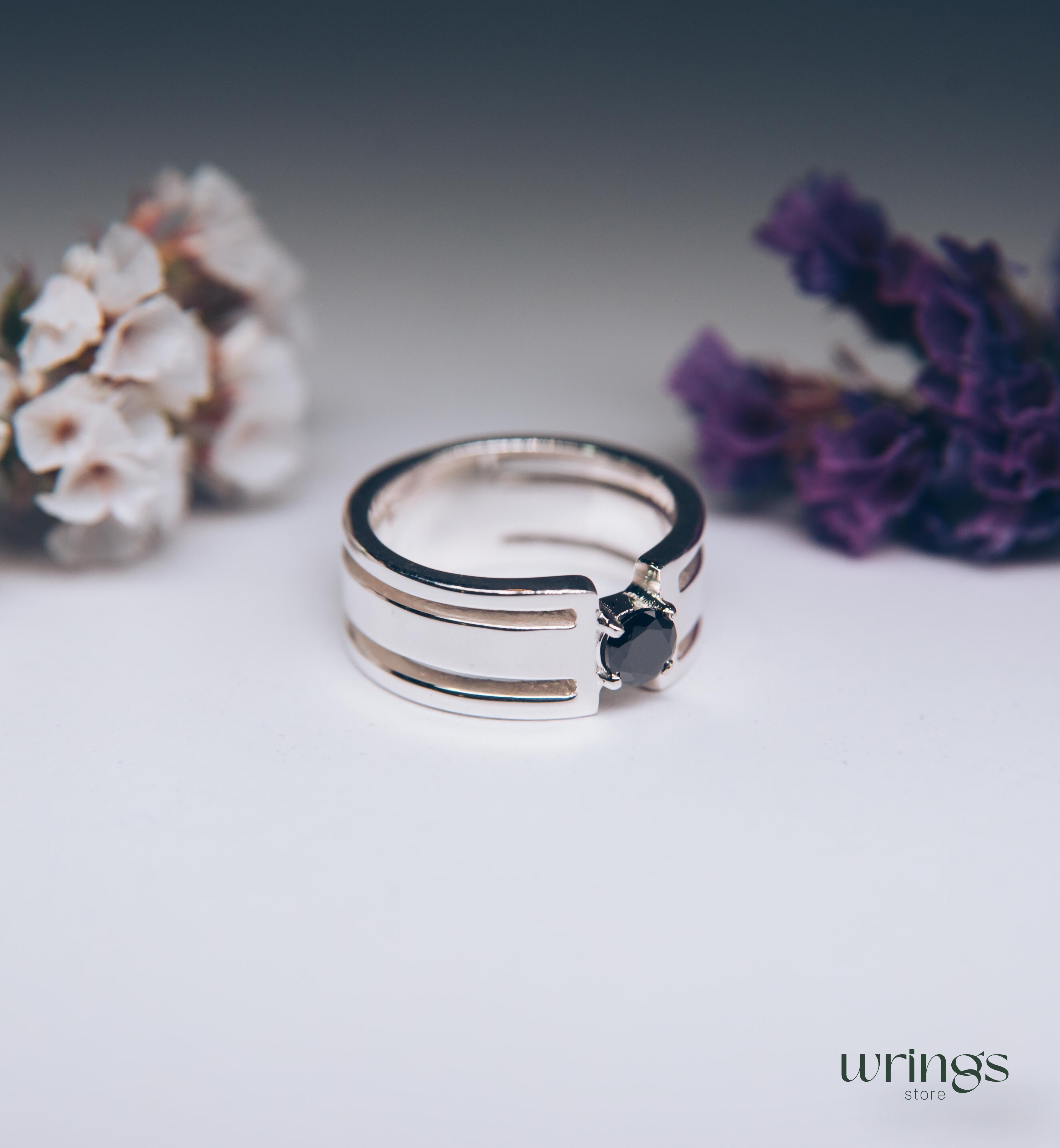 Round Black Diamond Silver Wide Band Engagement Ring