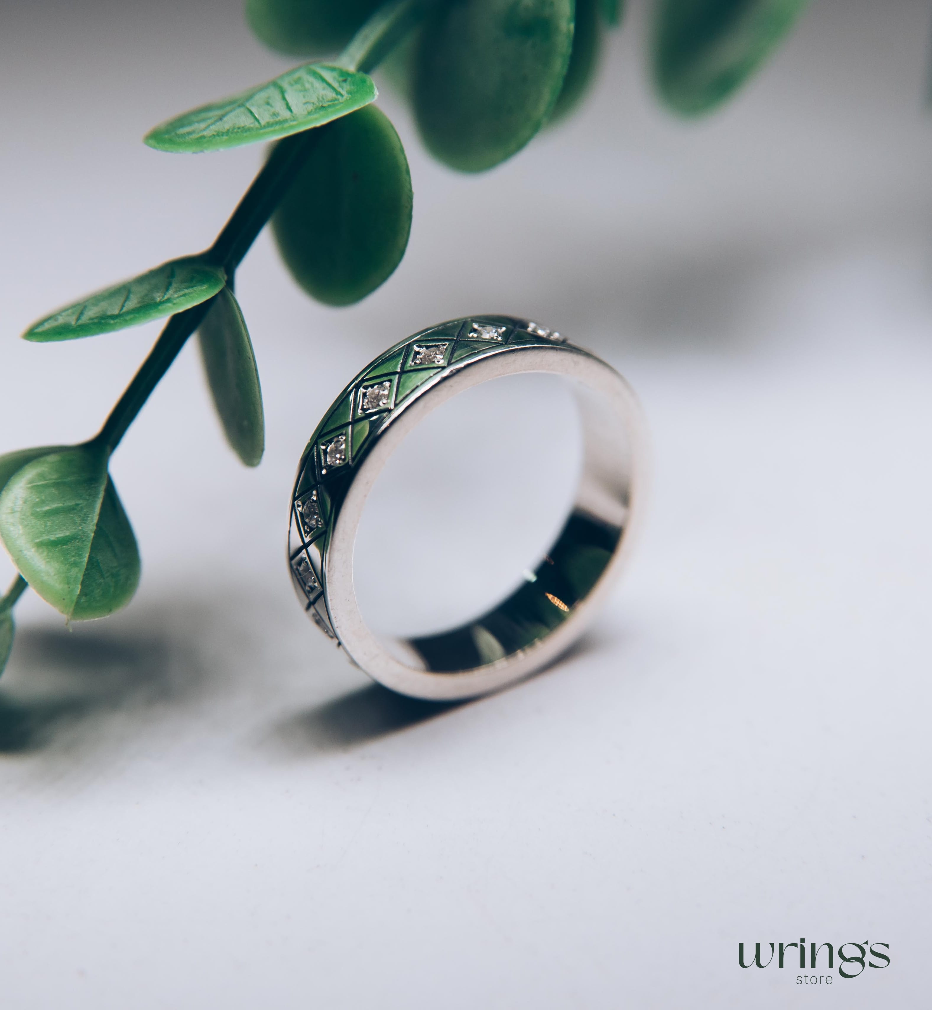 Silver Eternity Ring with Multi Gems Engraved Rhombus