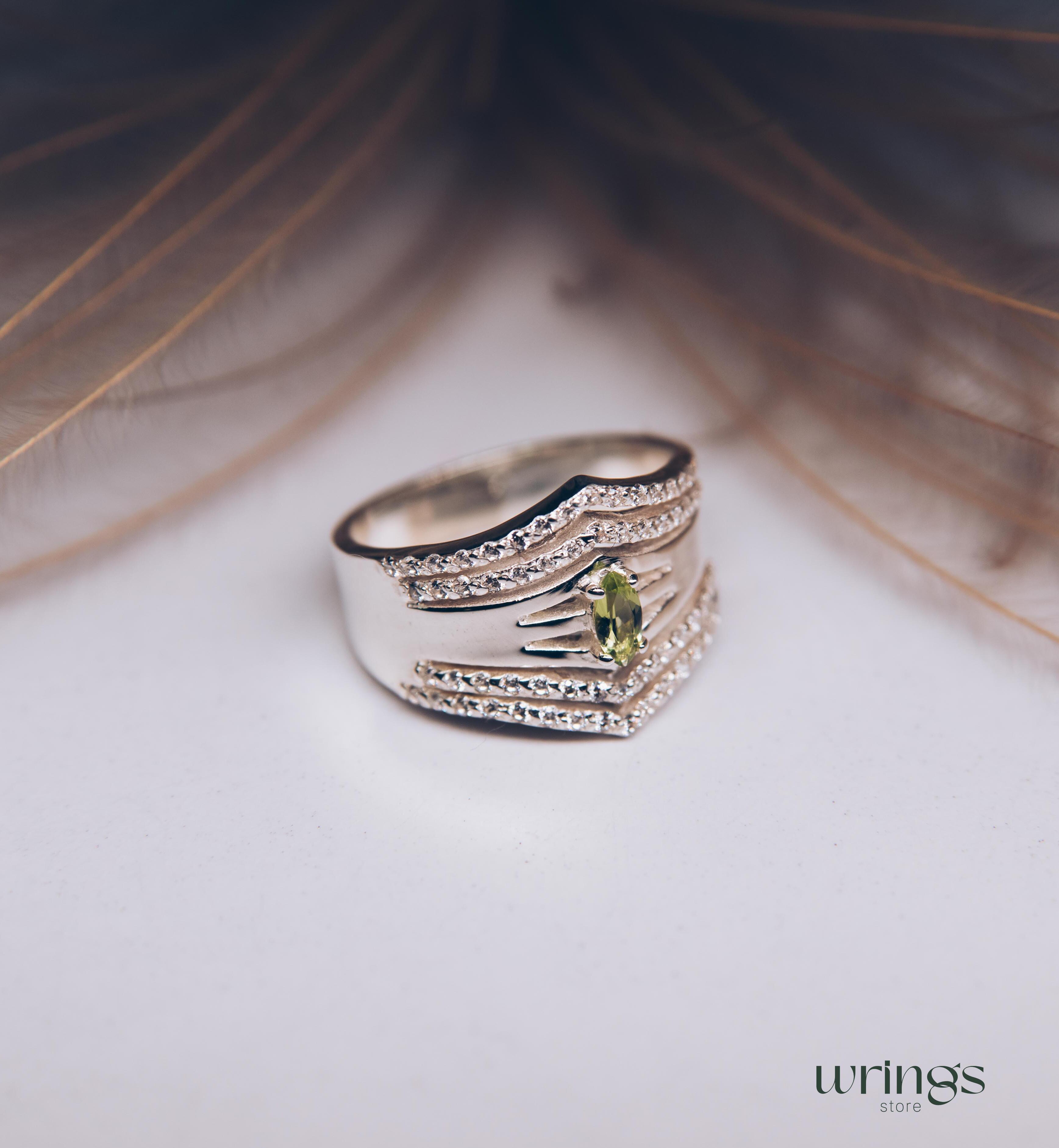 Wide Double Chevron Statement Ring Peridot & Diamonds