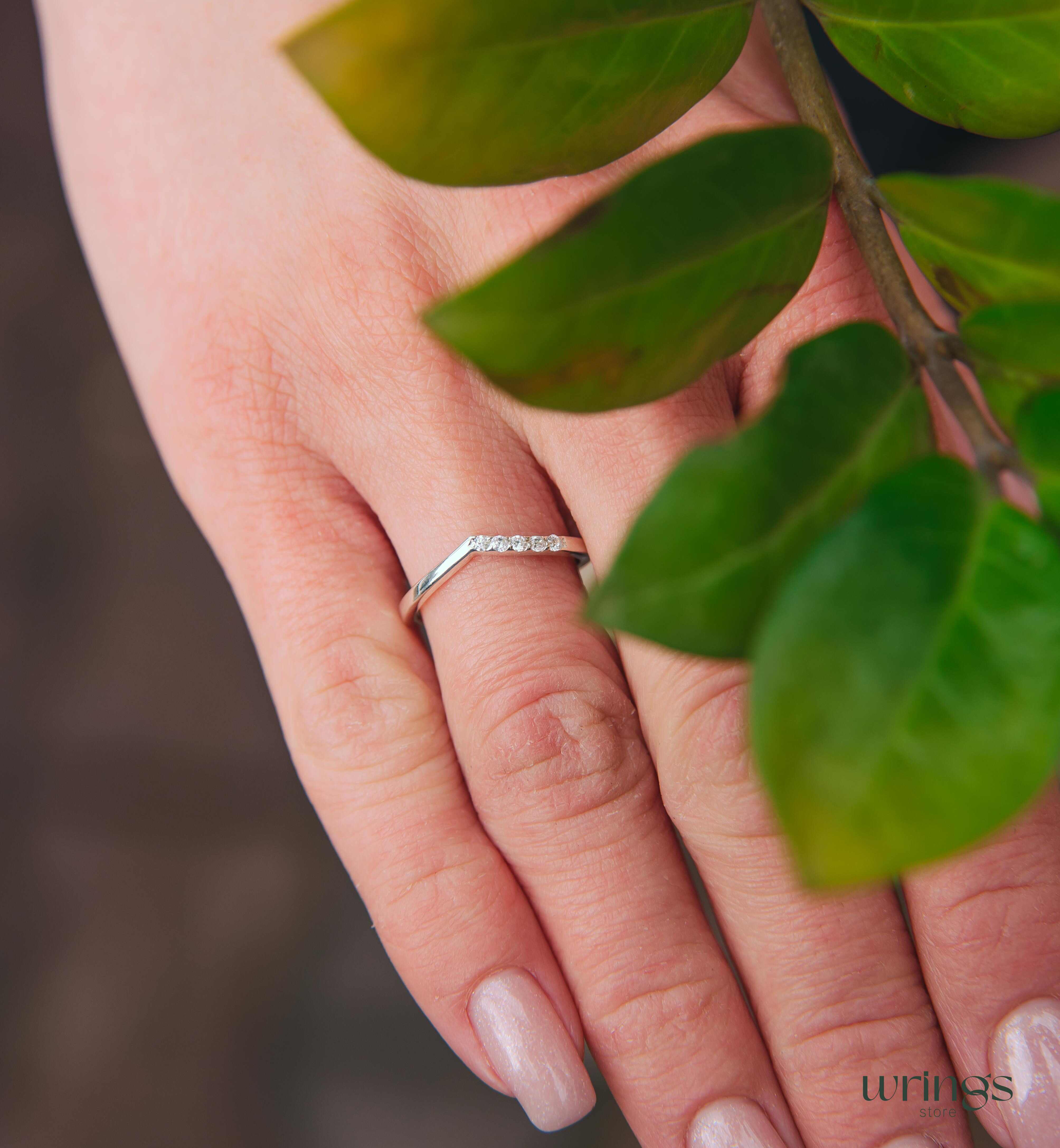 Curved Chevron Diamond Wedding Band Sterling Silver