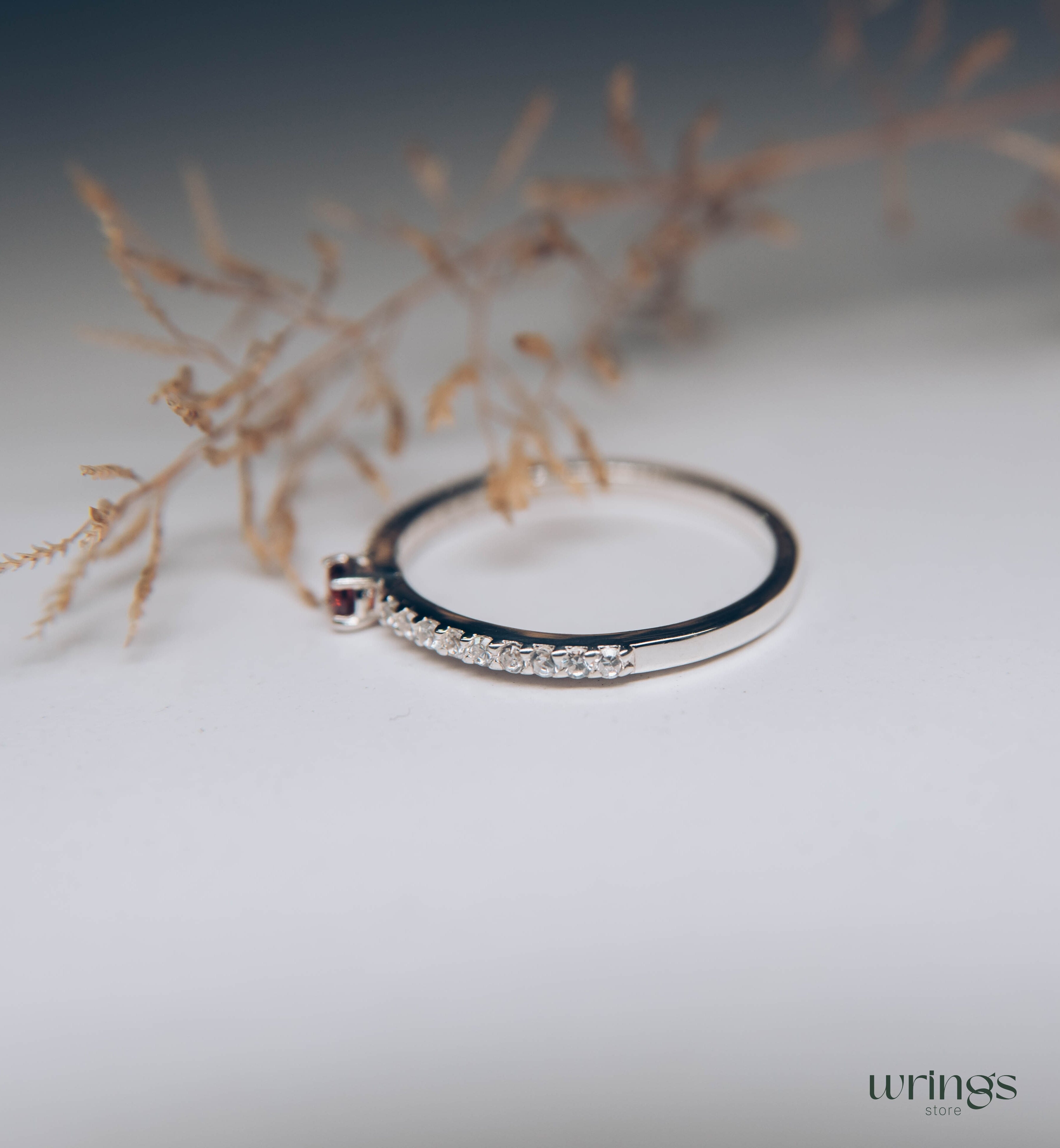 Dainty Garnet & Side Stones Silver Engagement Ring