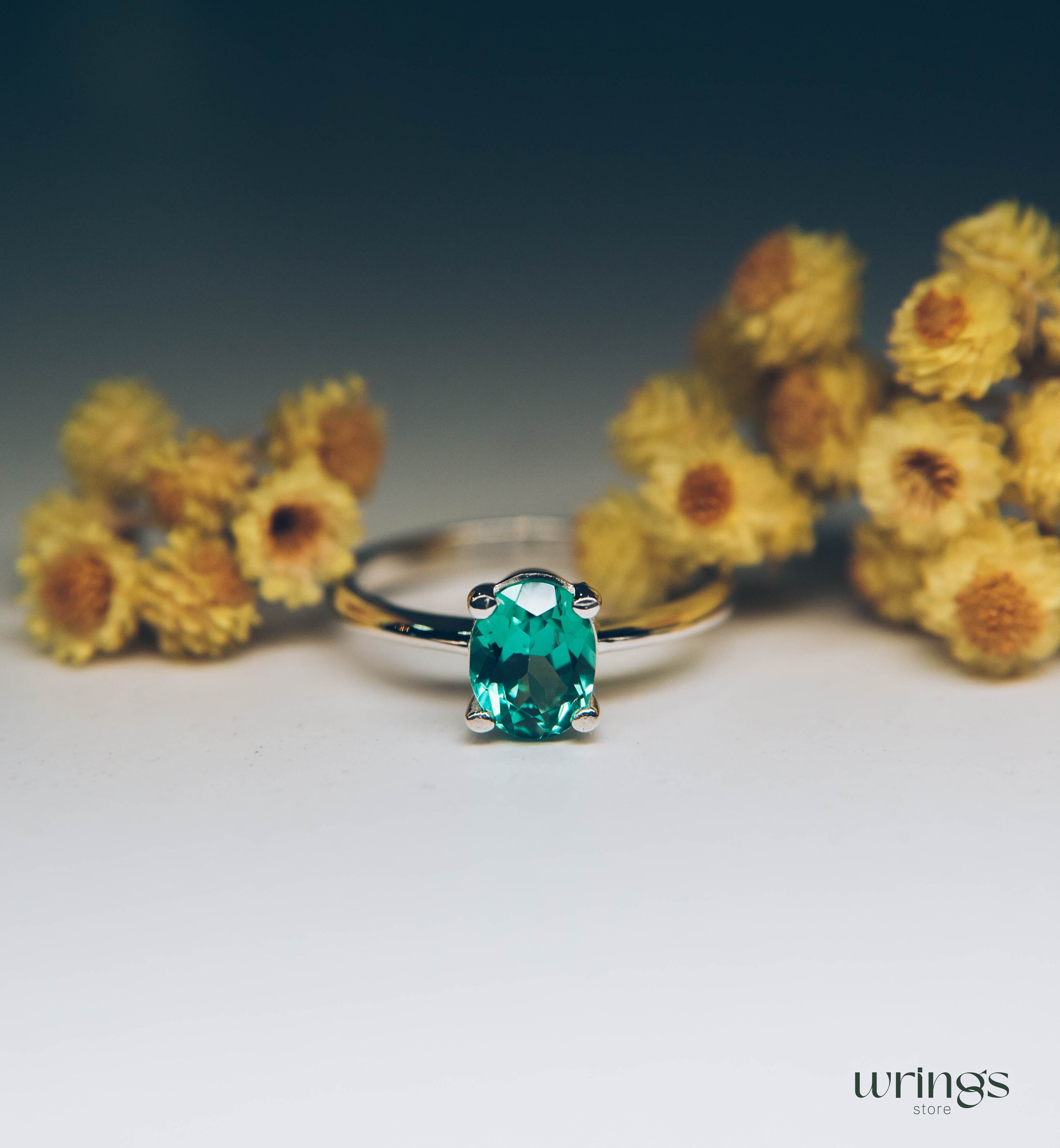 Big Oval Green Quartz Classic Solitaire Engagement Ring