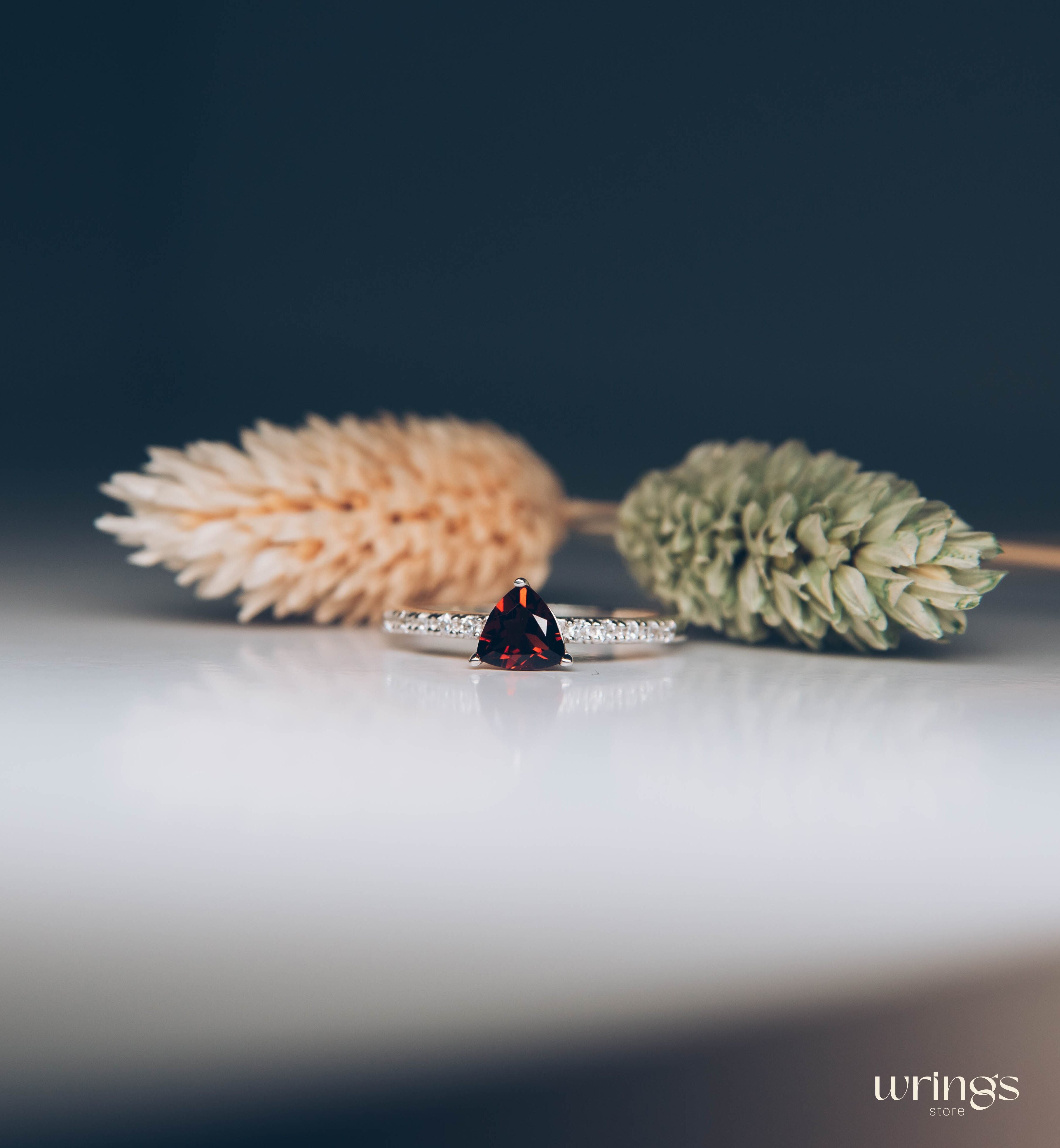 Trilliant Garnet Engagement Ring Silver & Side CZ Stones