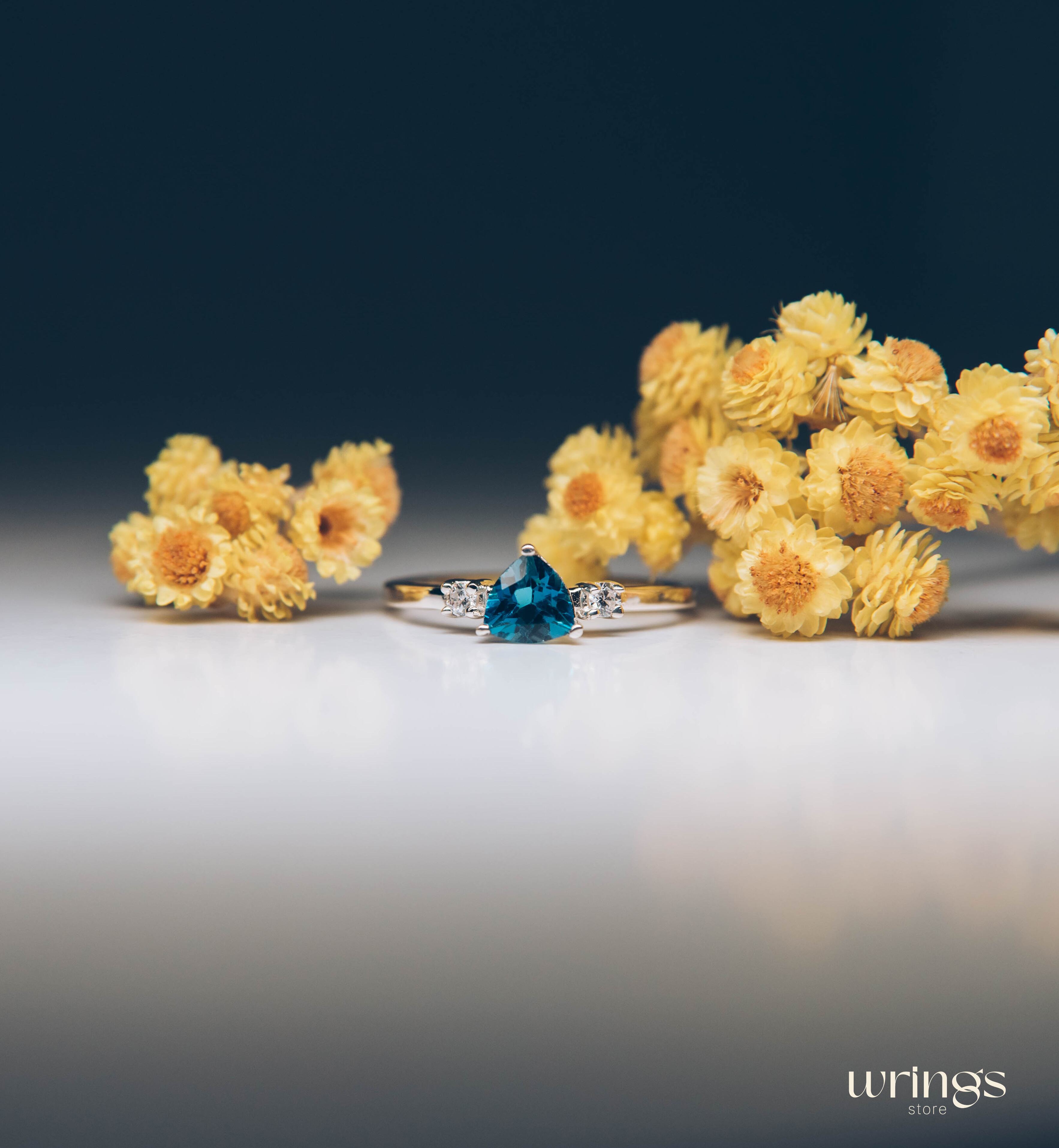 Shiny Trillion Topaz Silver 3 Stone Engagement Ring