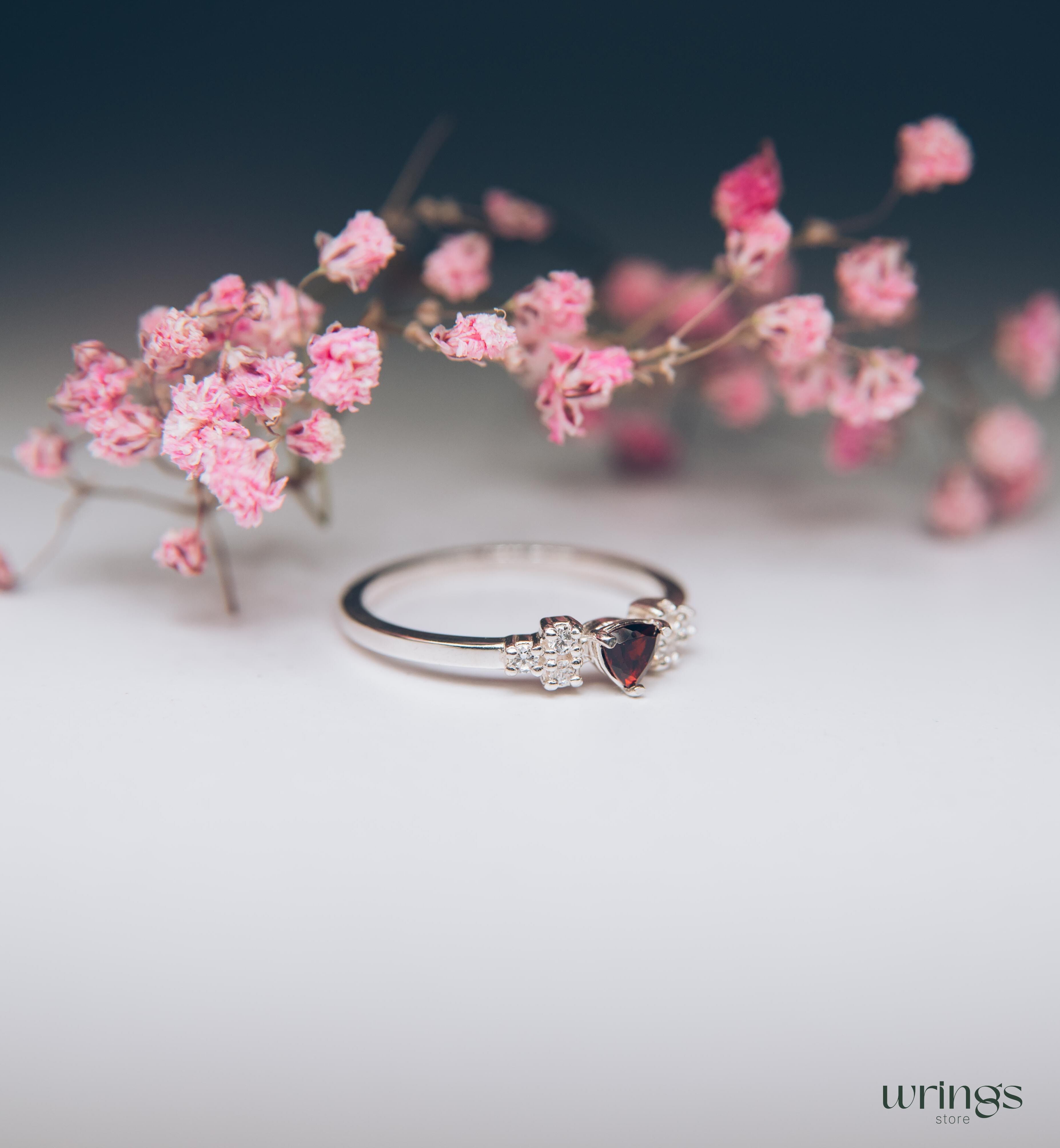 Silver Cluster Engagement Ring Trillion Garnet center & CZ