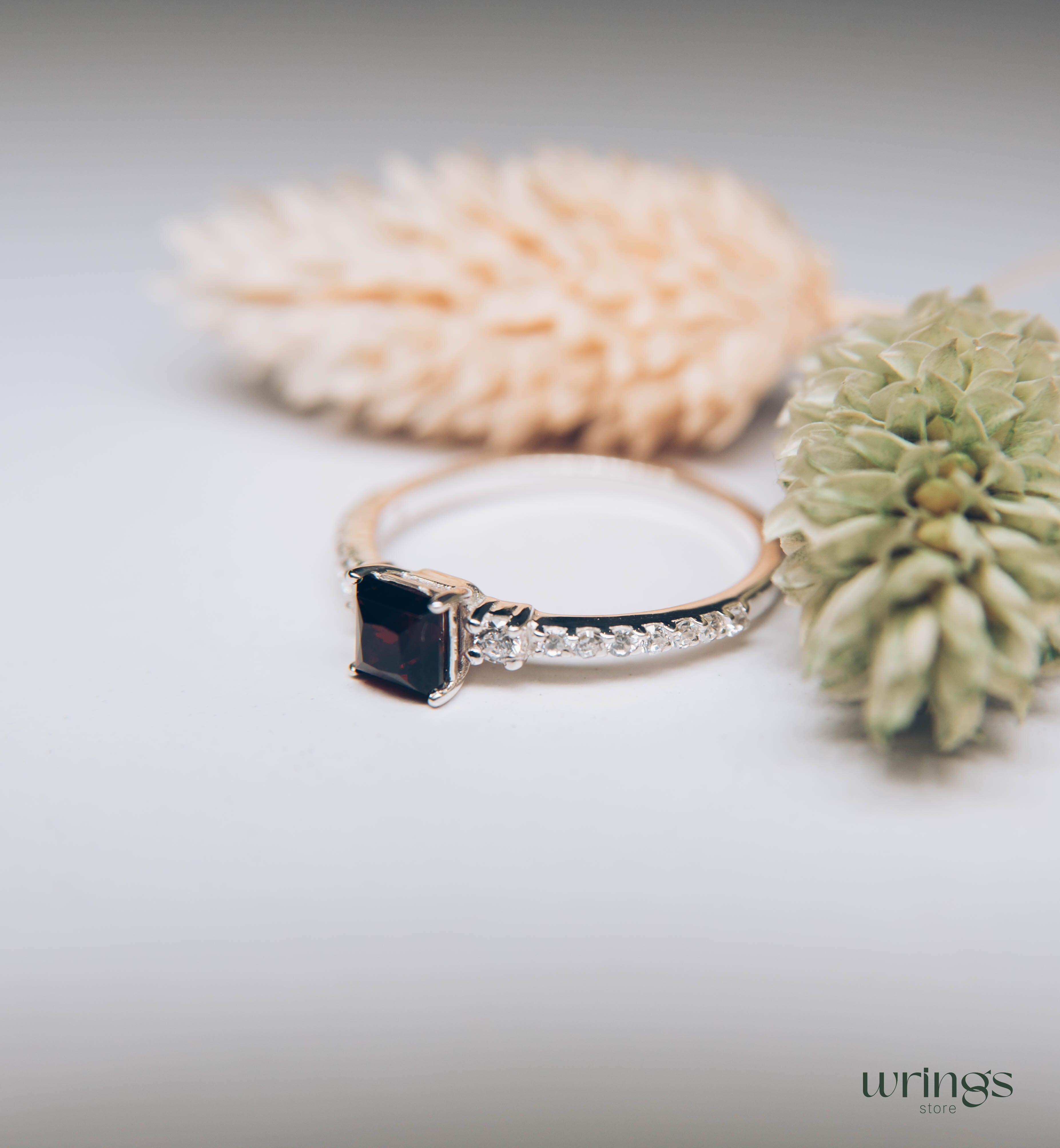 Square Cut Garnet Engagement Ring Silver with accents