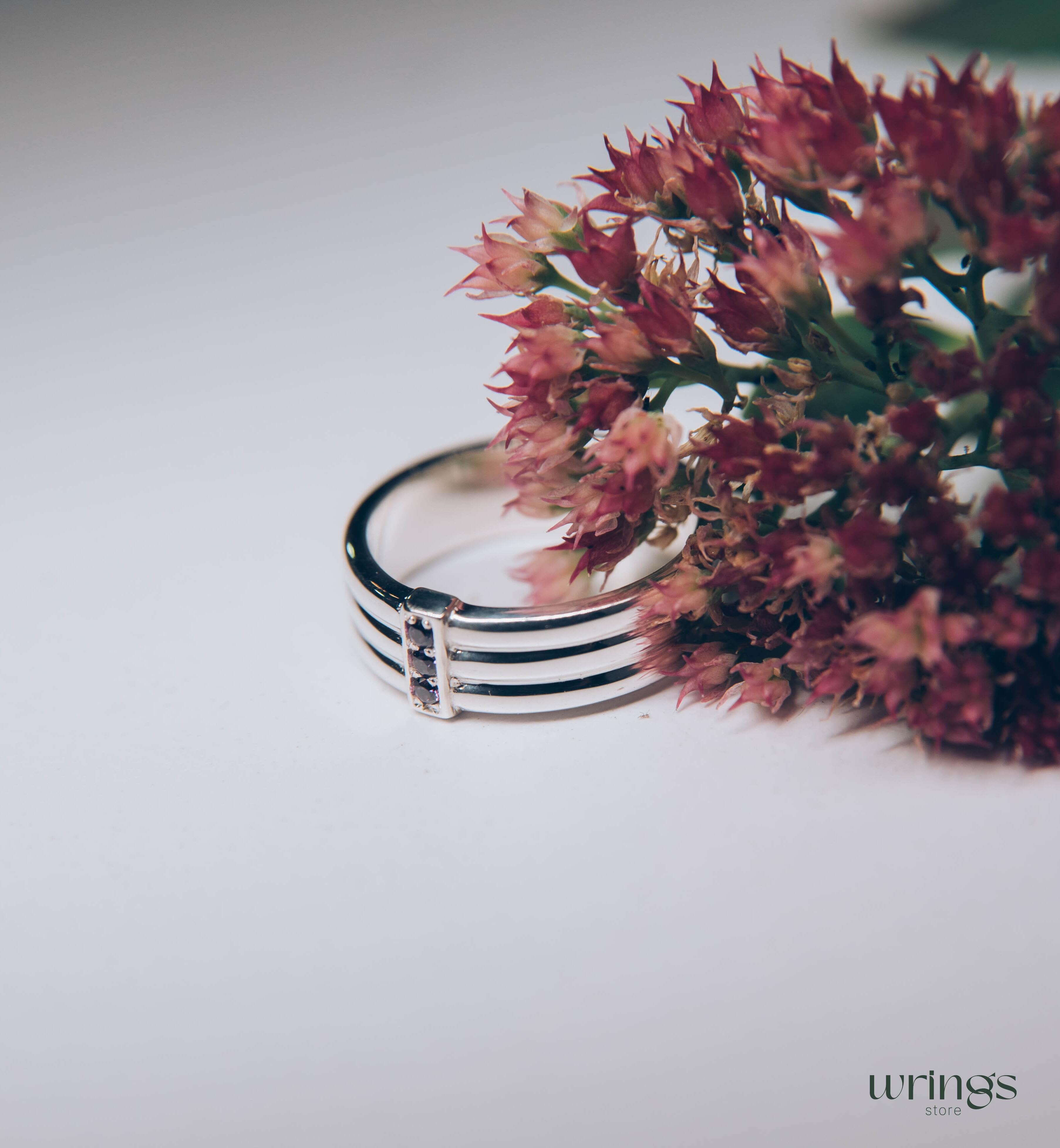 Three Amethysts Straight Triple Ring in Sterling Silver