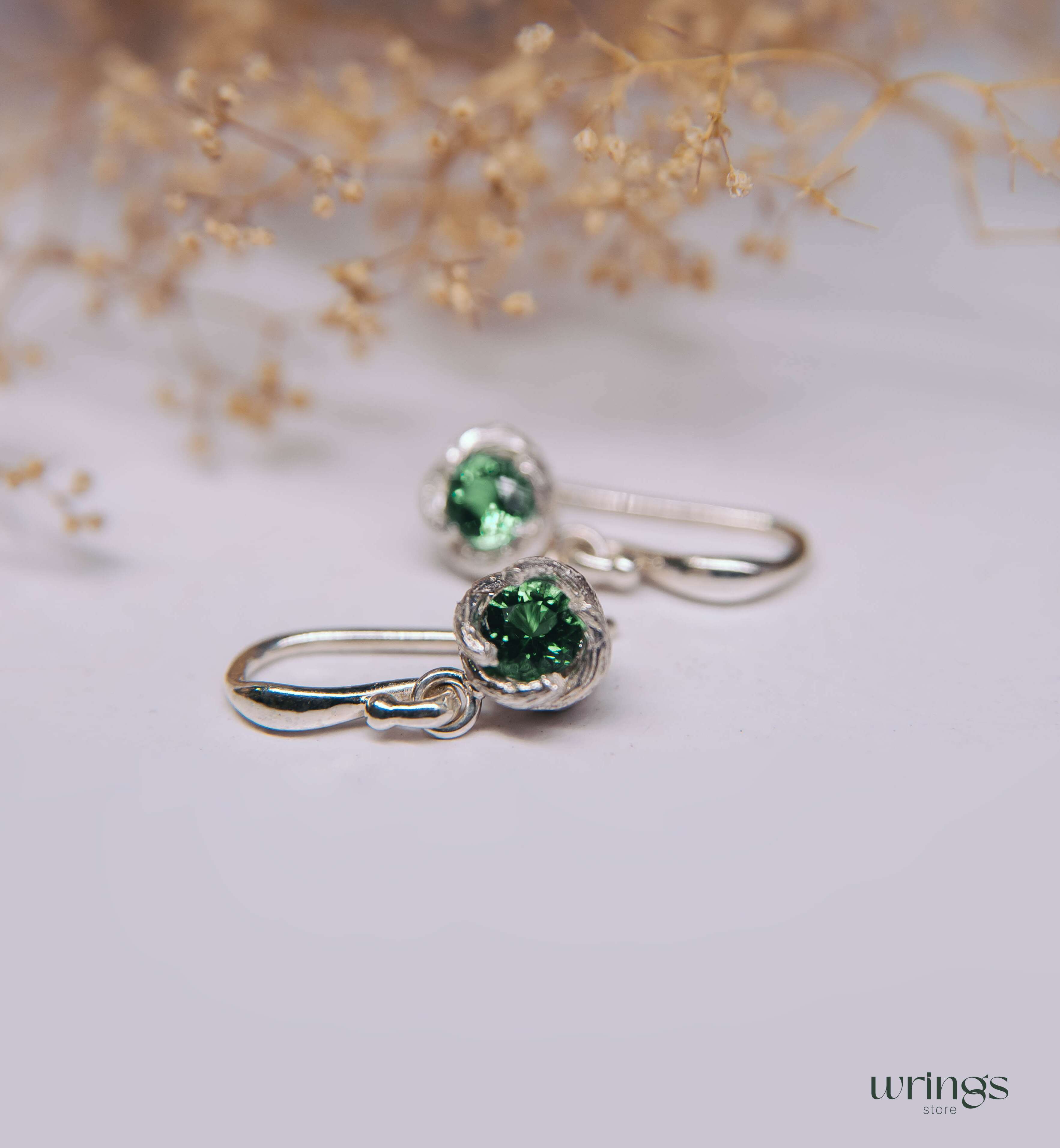 Cute Green Quartz Earrings Drop Dangly Silver Tree
