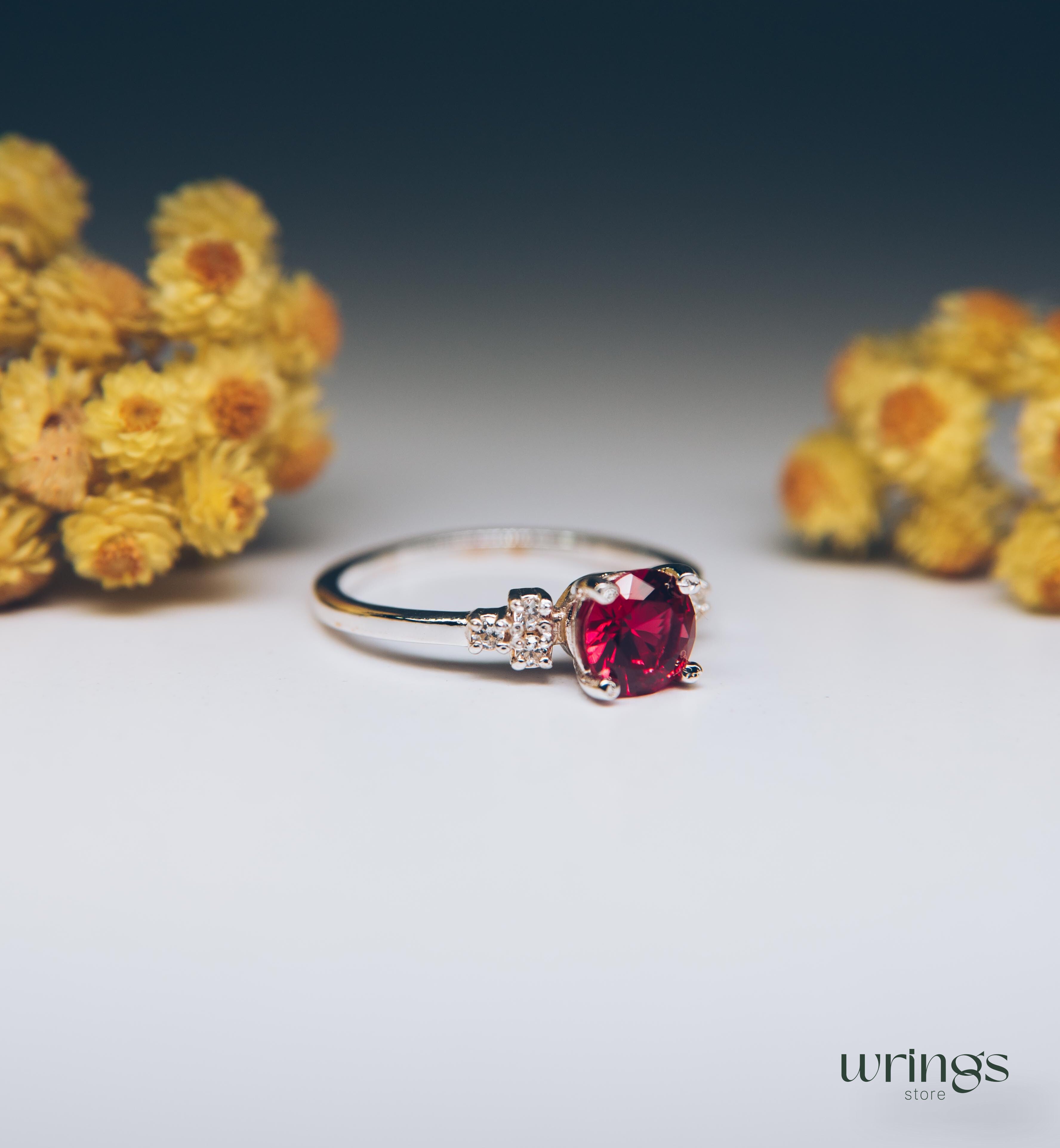 Large Simulated Ruby Engagement Ring Cluster Side Stones