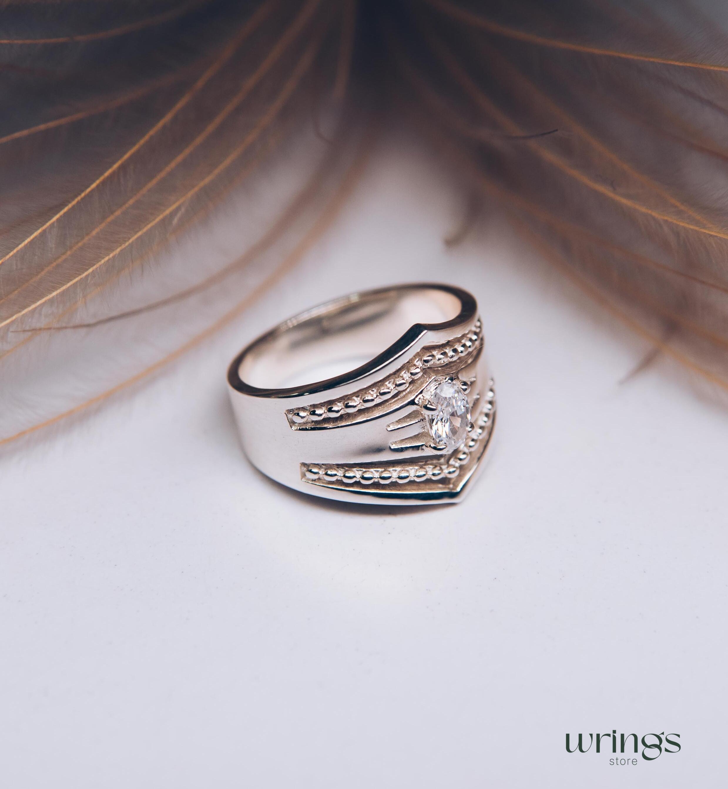 Extra Wide Beaded Chevron Cocktail Ring White Stone