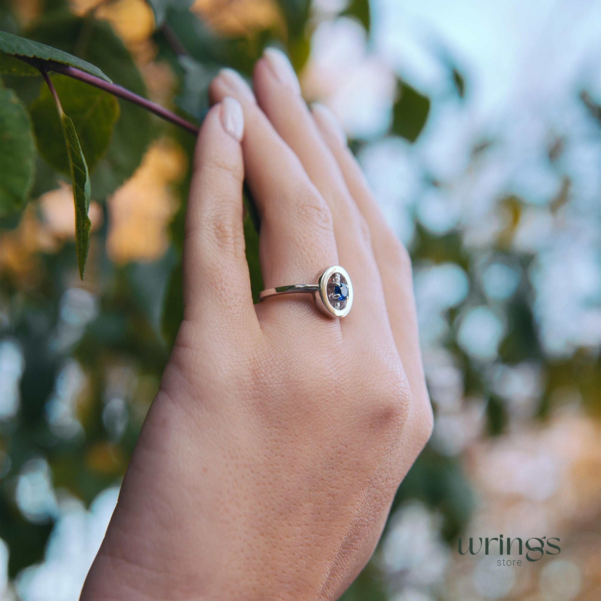 Blue Sapphire & CZ Silver Round Open Engagement Ring