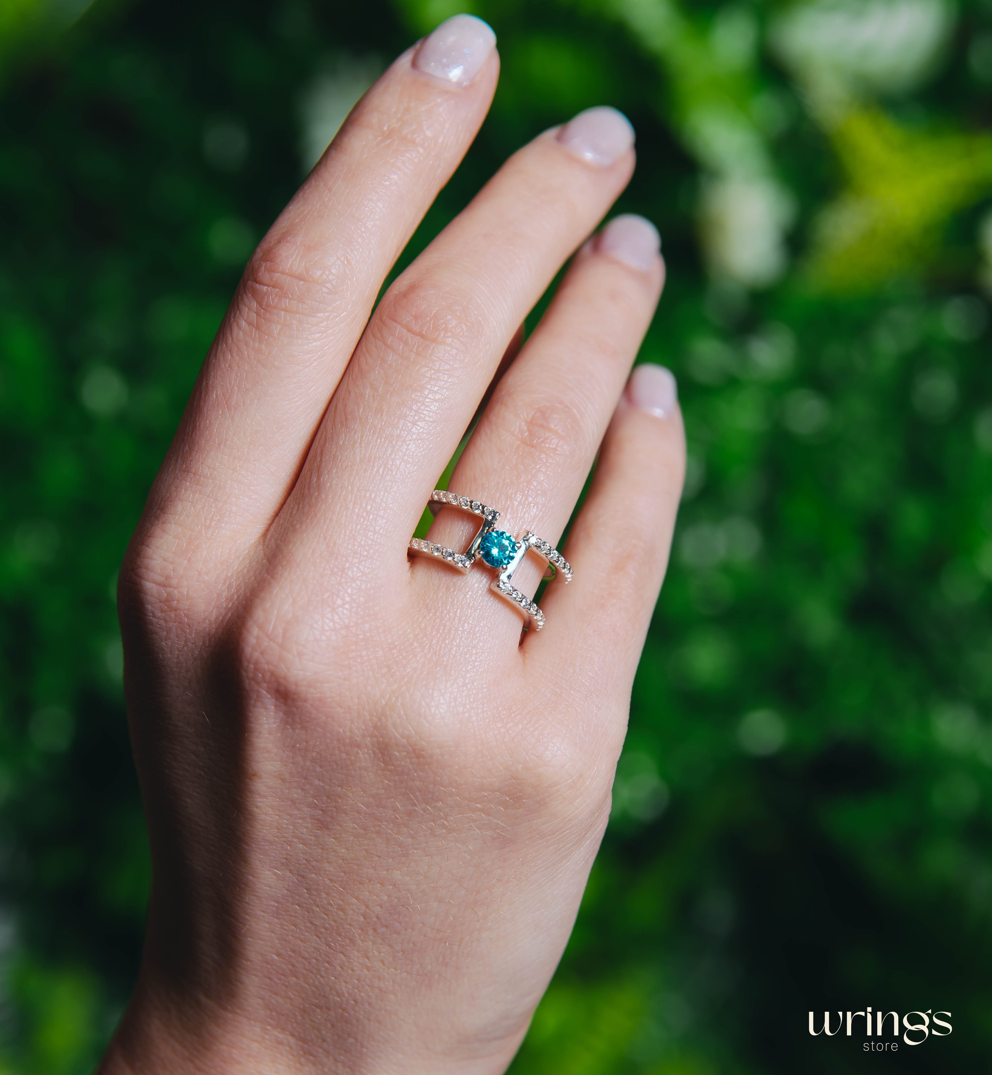 Double Band Silver Statement Ring Topaz and Diamonds
