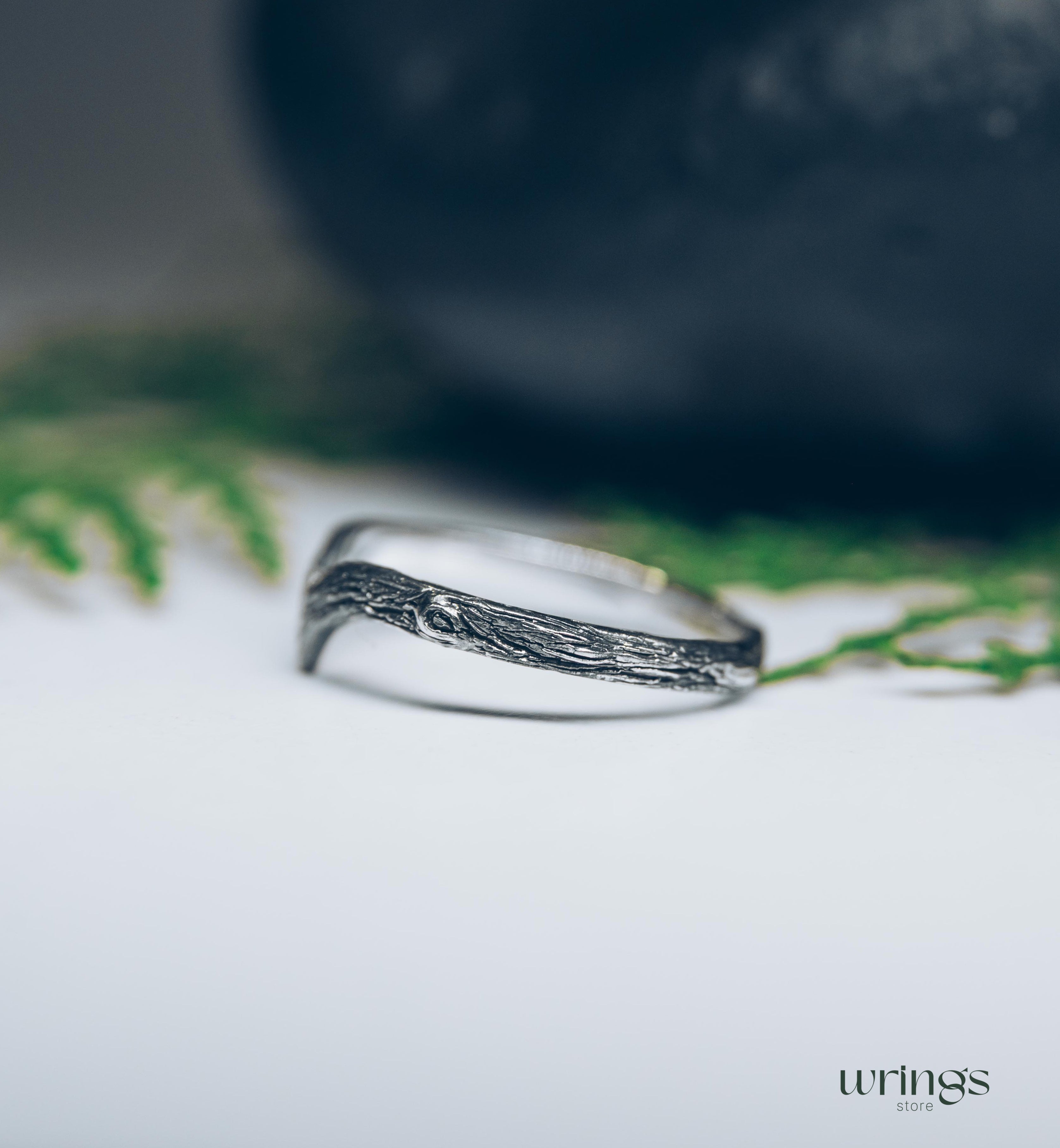 Tree bark Silver Simple Chevron Wedding Band