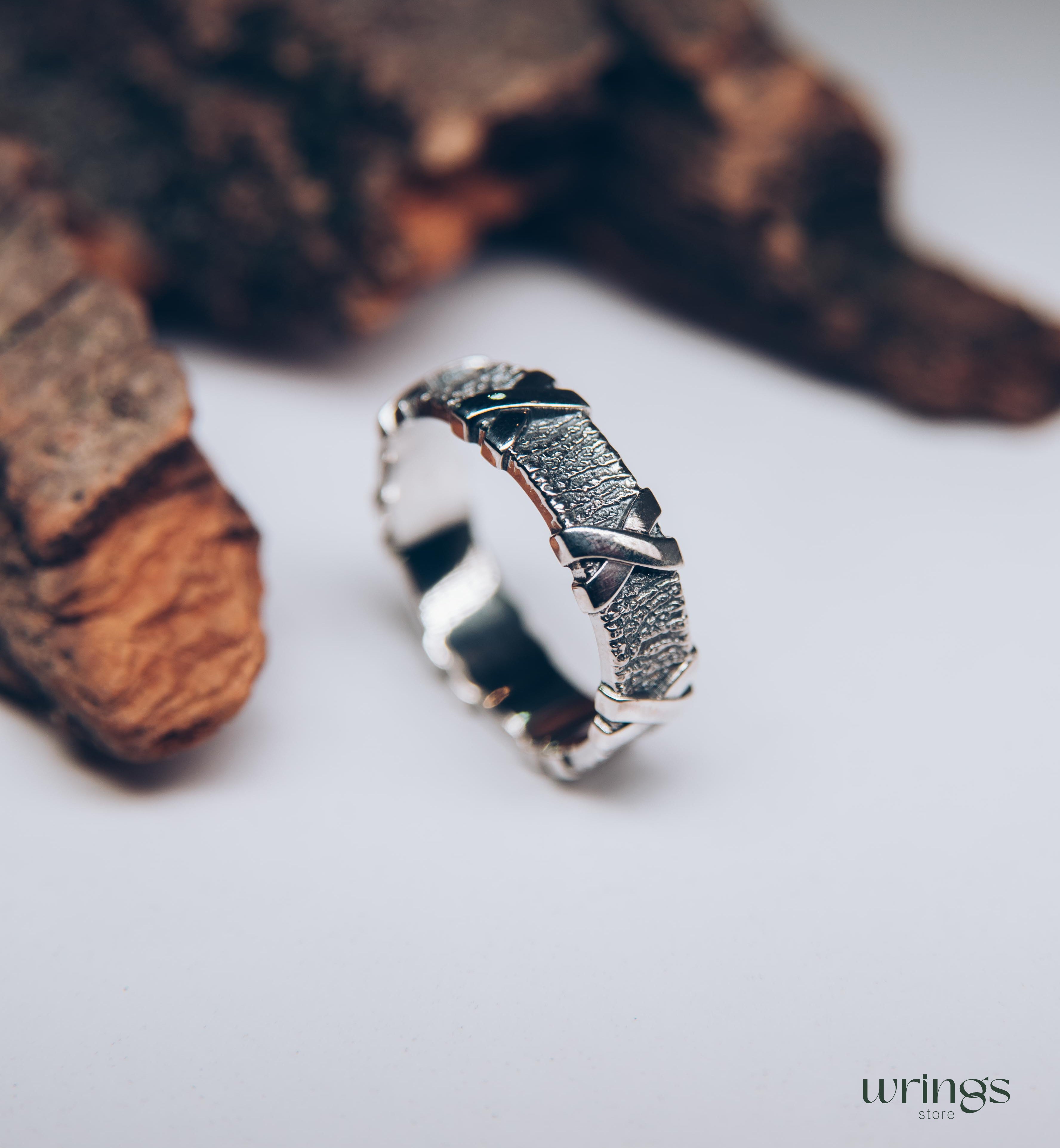 Cross and Tree bark Men's durable Ring — Wild Nature Wedding Band