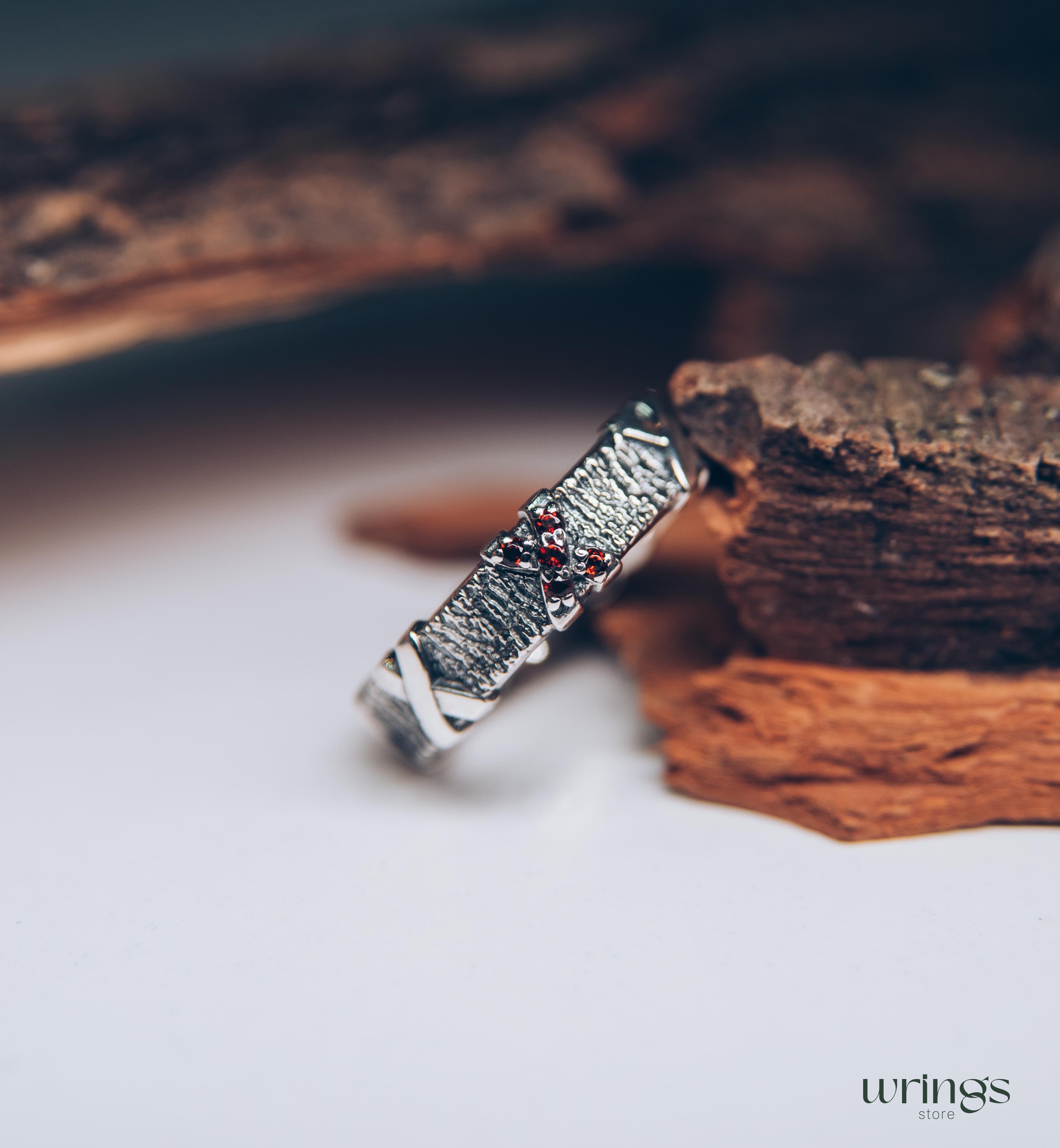 Silver Tree bark with cross Garnets Ring for Men and Women