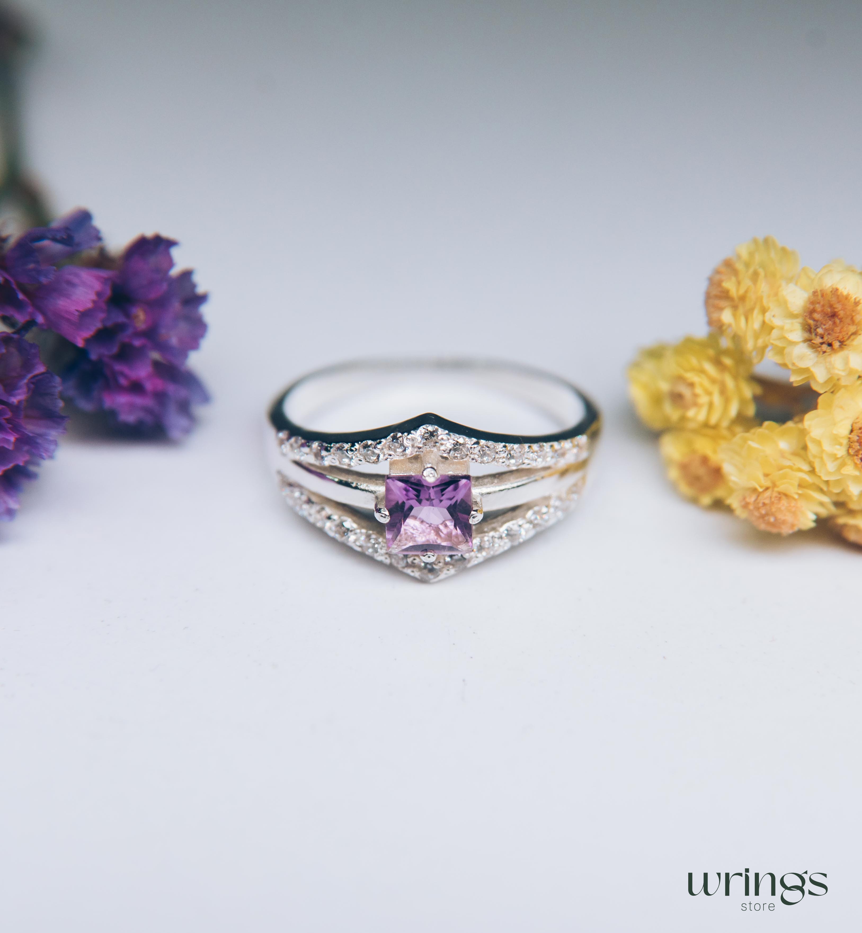 Square Amethyst Statement Ring Silver Double V shaped