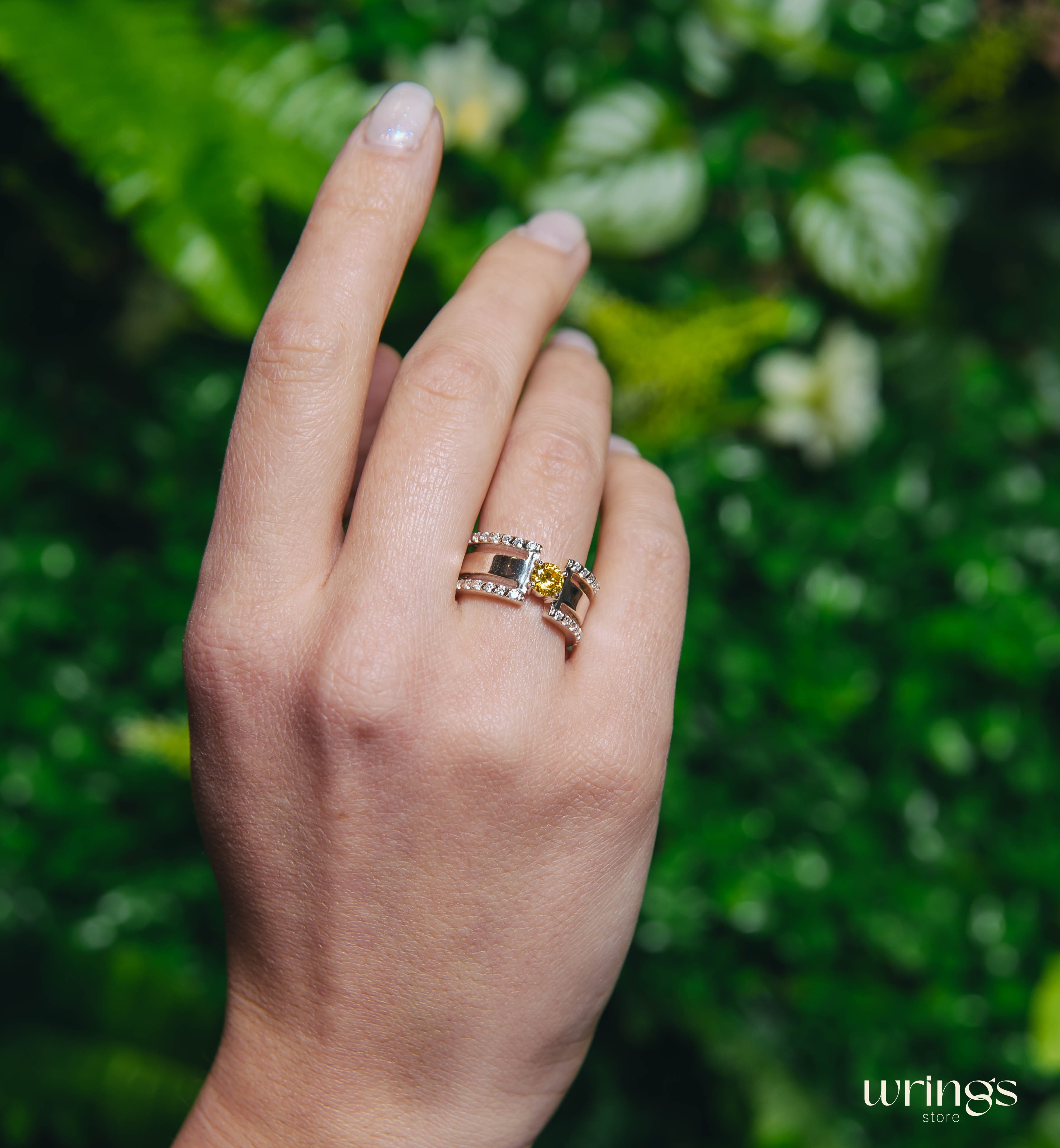 Citrine Engagement Ring Modernist Extra Wide Band Silver