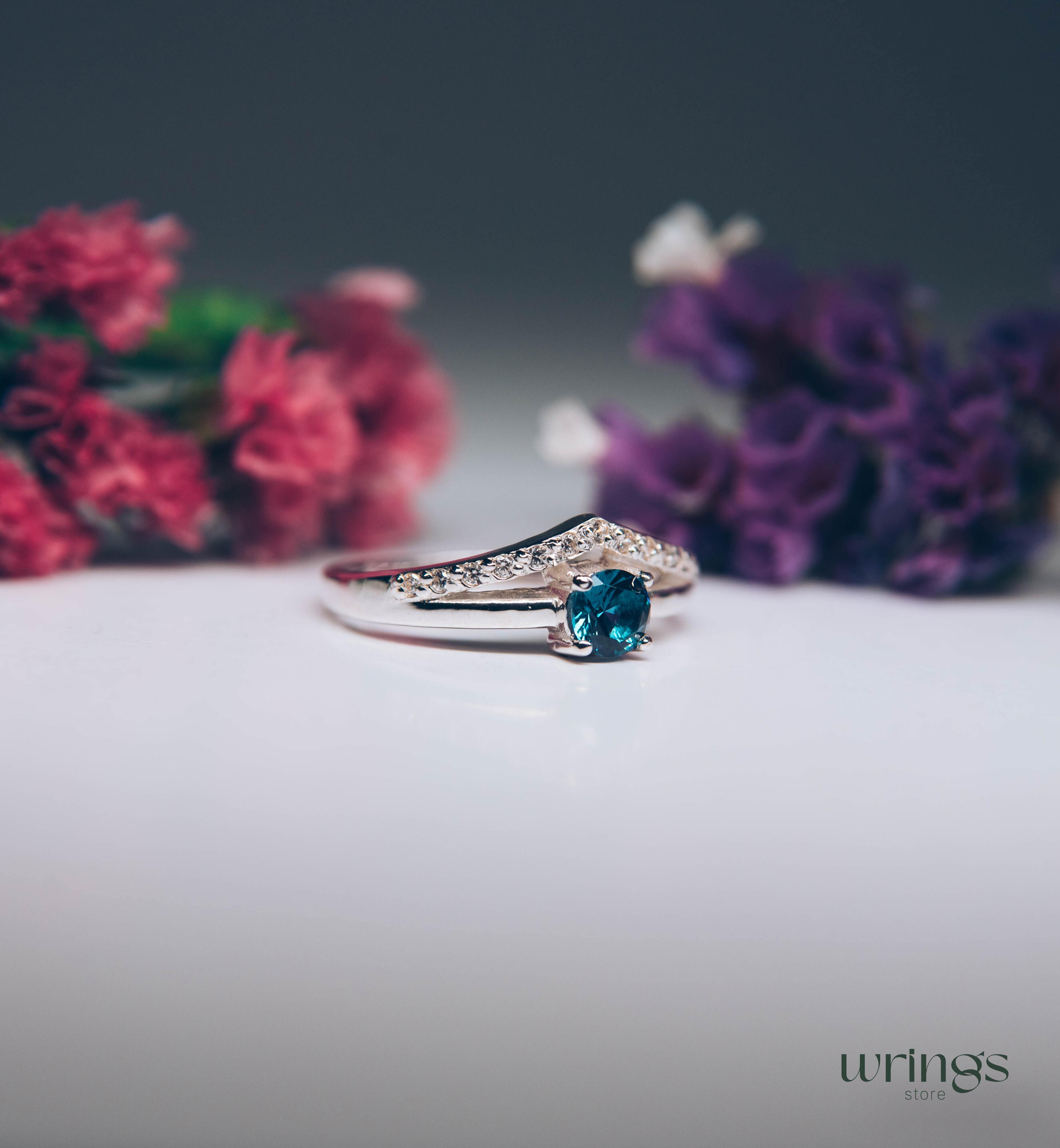 London Blue Topaz Chevron Engagement Ring Silver & CZ